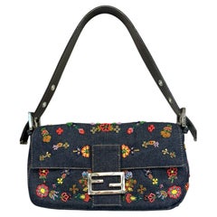 Iconic Fendi embroidered colourful beads denim baguette shoulder bag