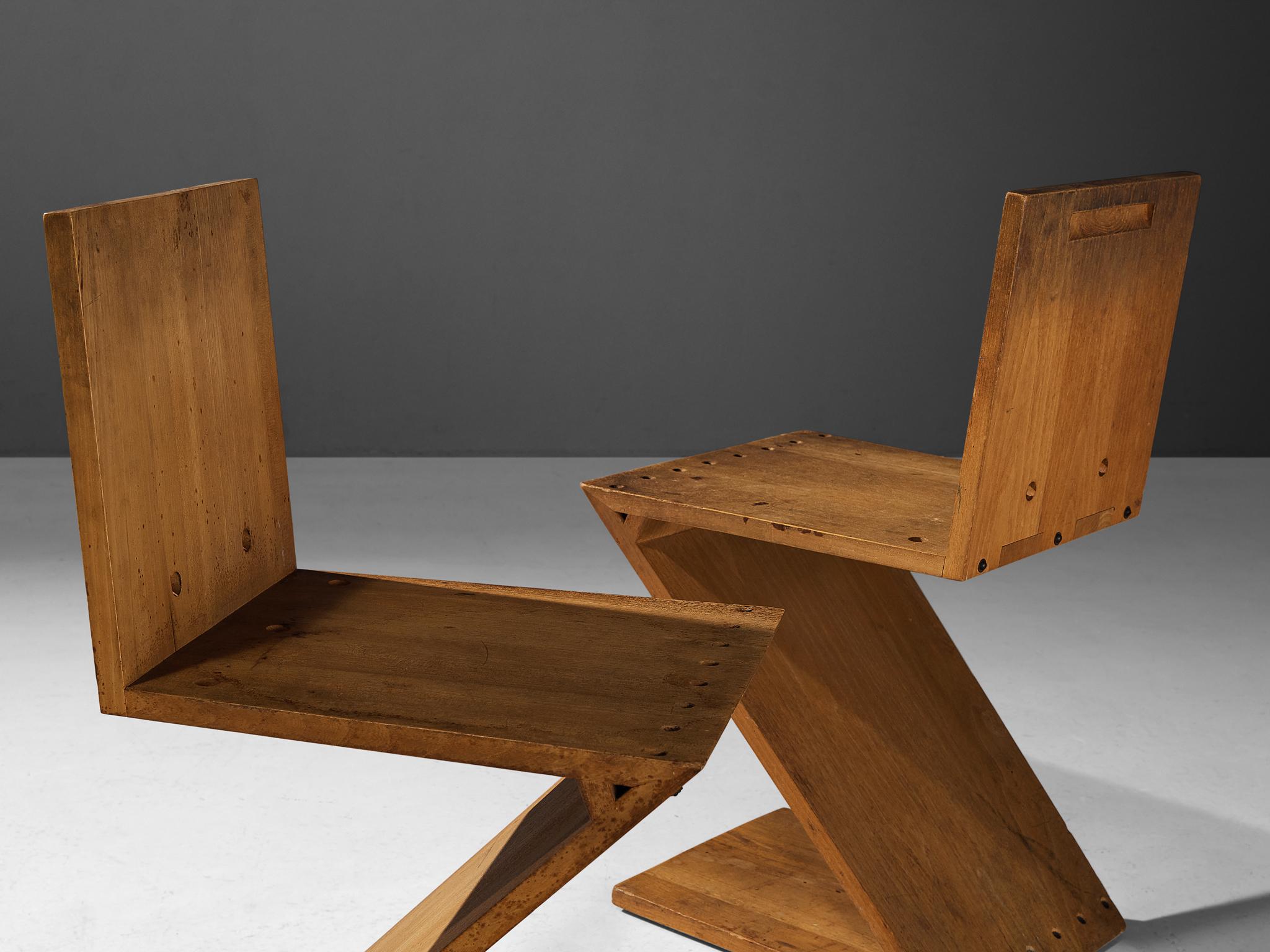 Mid-Century Modern Iconic Gerrit Rietveld for Groenekan ‘Zig Zag’ Chairs in Elm