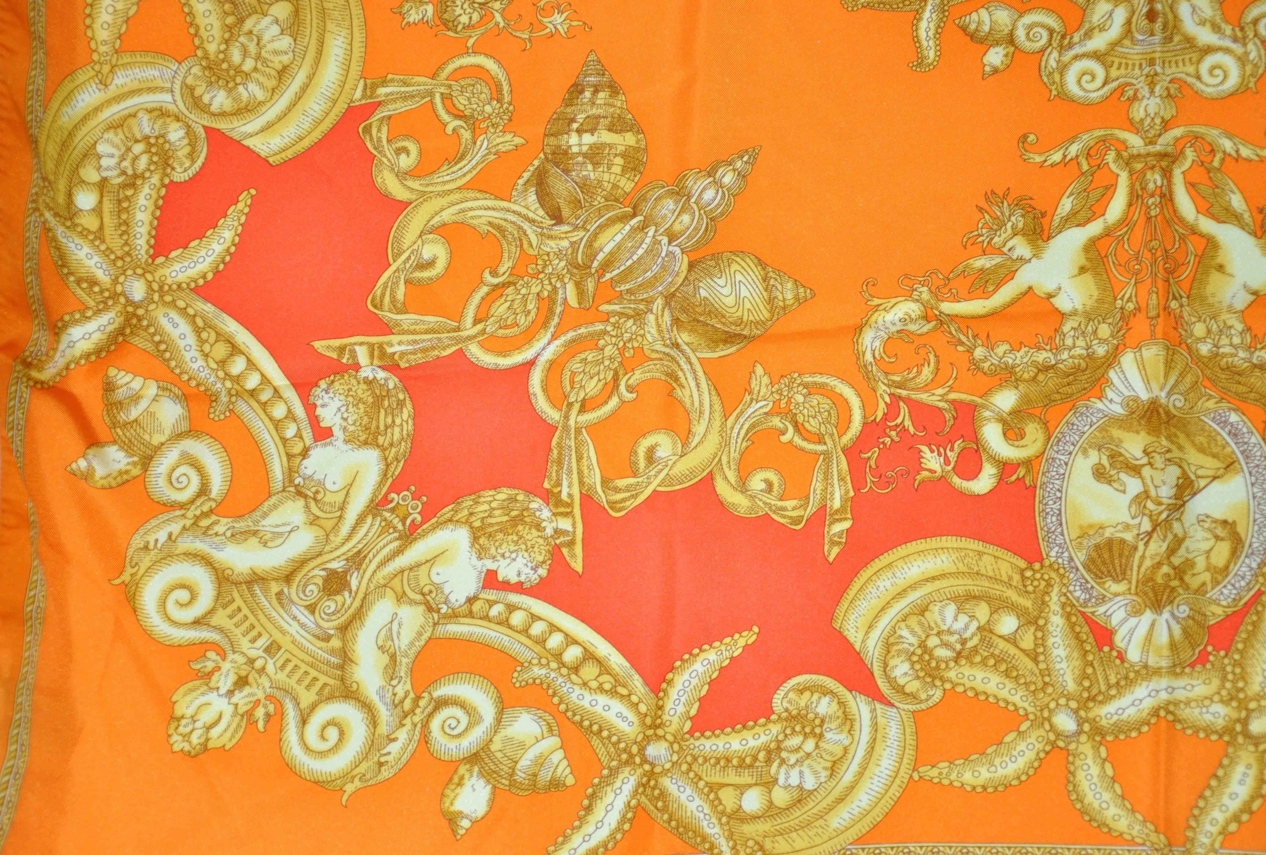 Gianni Versace Bold and Vivid Shades of Tangerines and Gold Silk Scarf In Good Condition For Sale In New York, NY