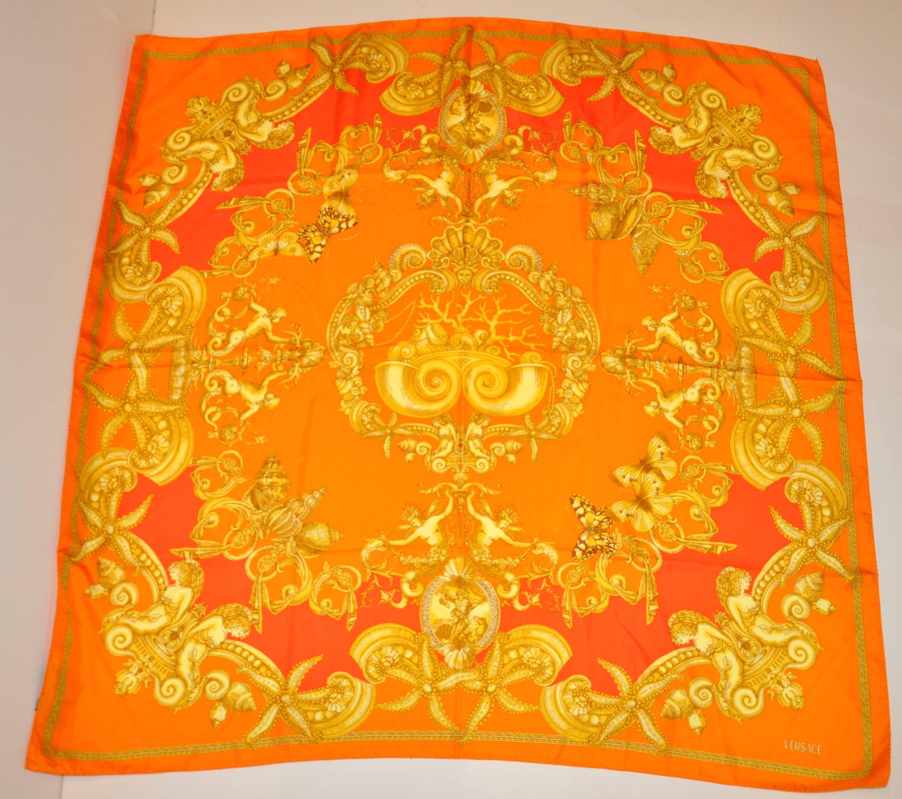 Women's or Men's Gianni Versace Bold and Vivid Shades of Tangerines and Gold Silk Scarf For Sale