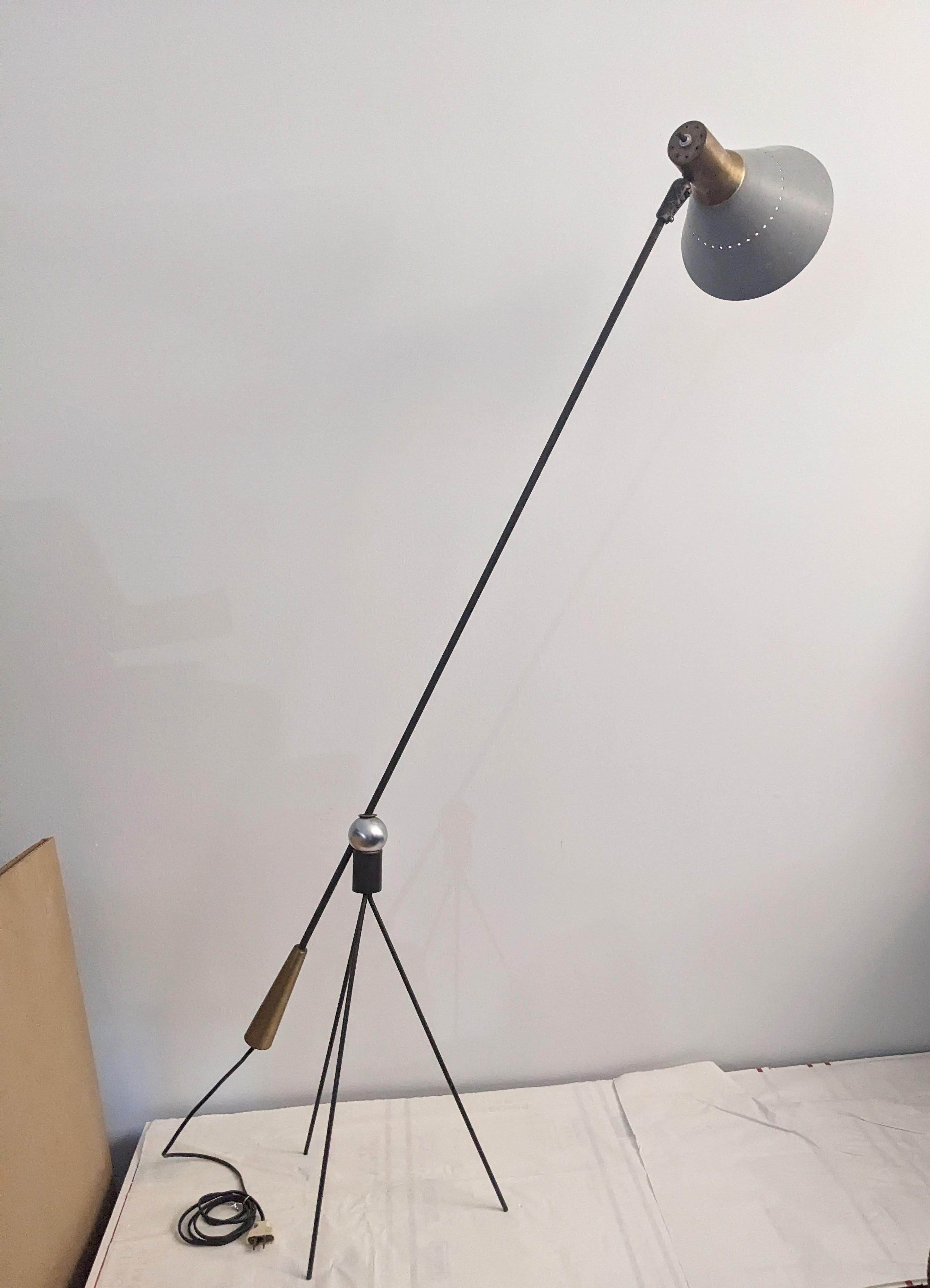 Iconic Mid Century Watrous Floor Lamp with a magnetic socket allowing change to multiple heights and positions. Amazing design allows steel ball to swivel in all directions. Original finish with grey enamel shade. Design in the Museum of Modern Art