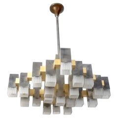 Iconic Gold and Chrome Cubic Gaetano Sciolari Chandelier, Italy, 1970