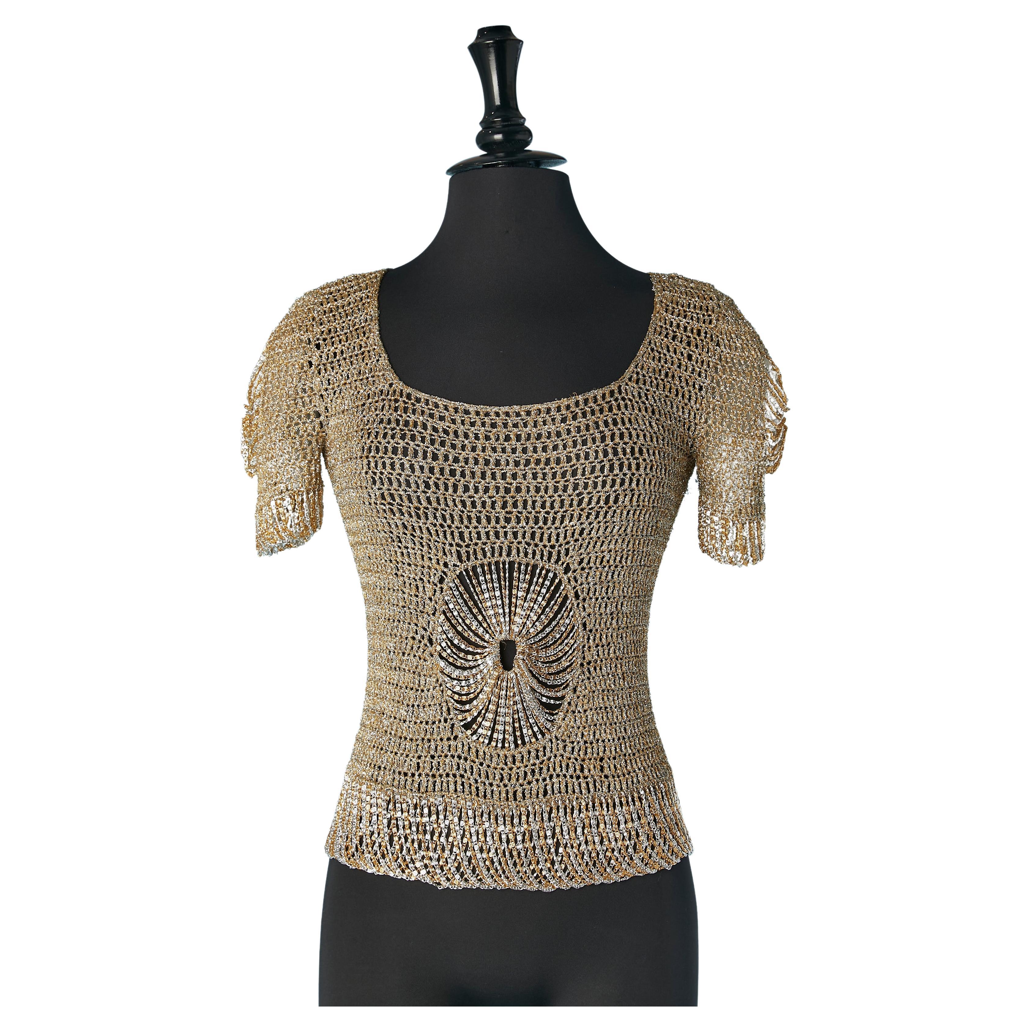 Iconic gold and silver lurex knit sweater with metallic chains Loris Azzaro  For Sale