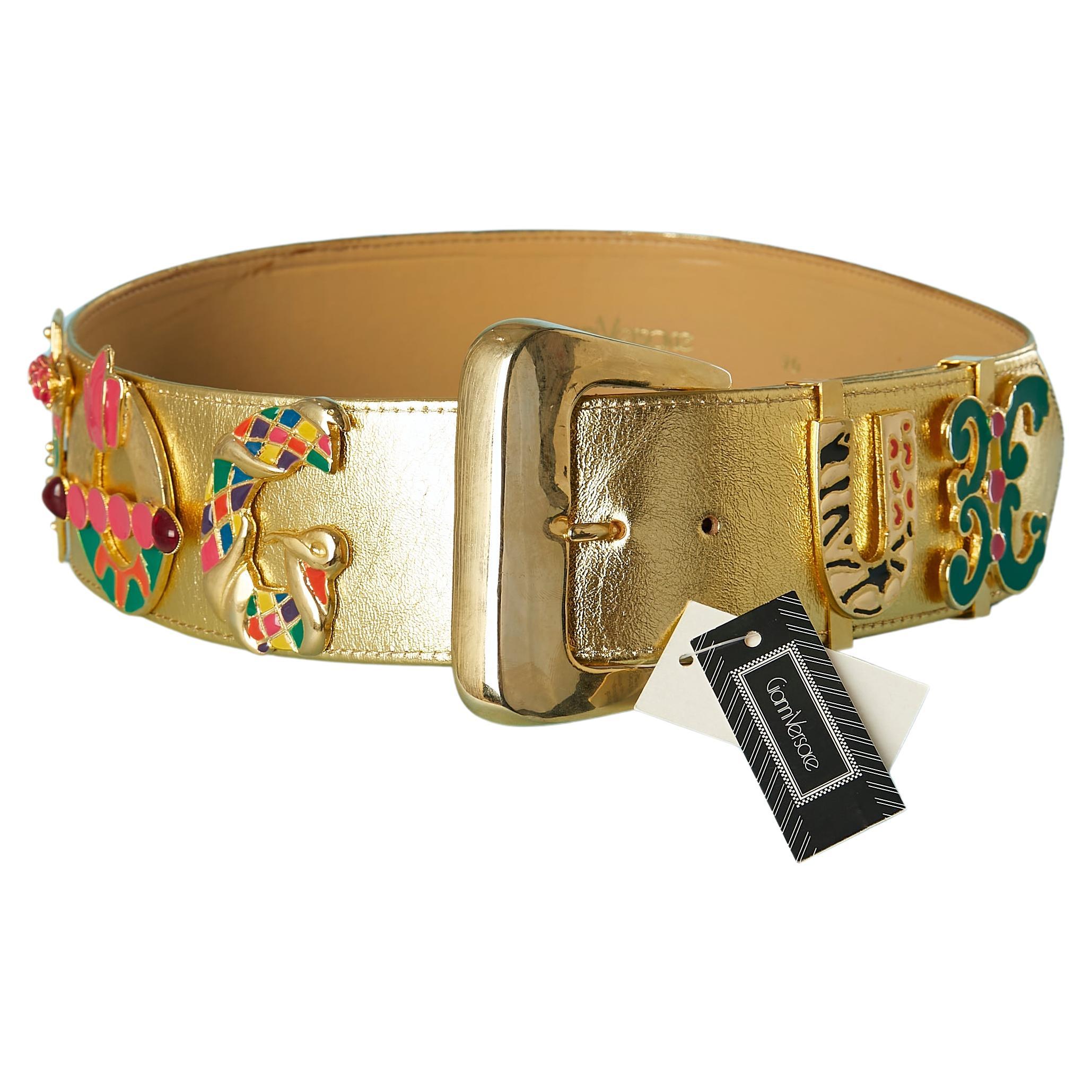 Iconic gold leather belt with " VOGUE" lettering Giani Versace Circa 1990's NEW For Sale