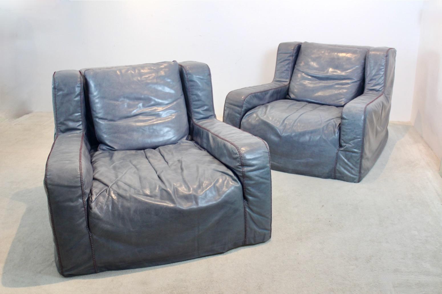 Iconic Grey Leather Lounge Chairs by Paoloa Navone In Good Condition For Sale In Voorburg, NL