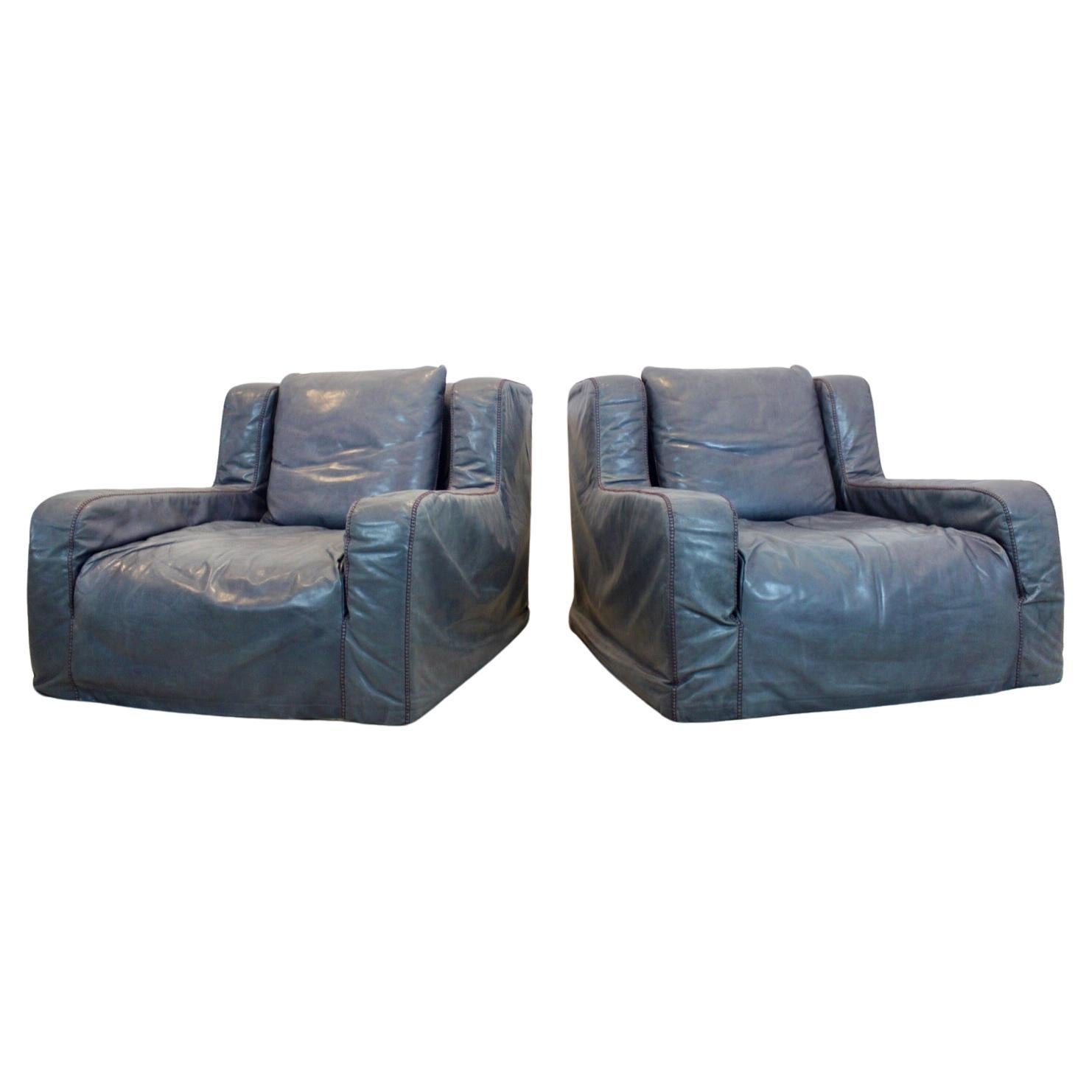 Iconic Grey Leather Lounge Chairs by Paola Navone For Sale