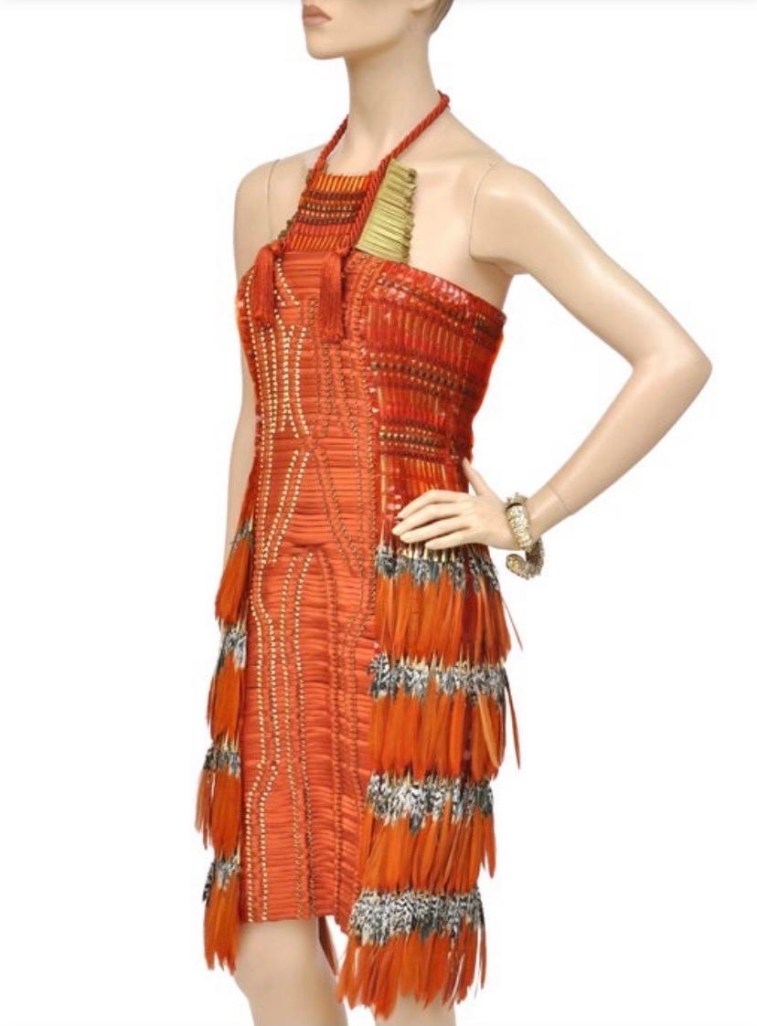 Ikonisches besticktes orangefarbenes Gucci-Kleid mit Federn 38 - 2 neu mit Etikett! im Zustand „Neu“ im Angebot in Montgomery, TX