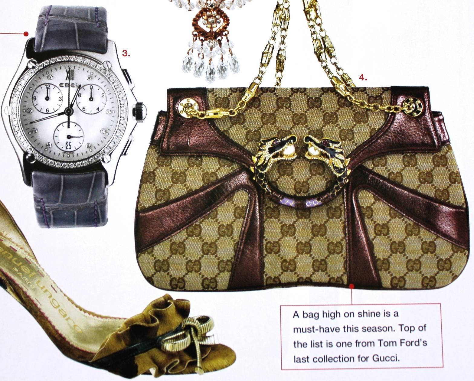Ikonische Gucci GG Monogramm Segeltuch-Tasche mit juwelenbesetztem Drachen und Bambusketten im Angebot 6