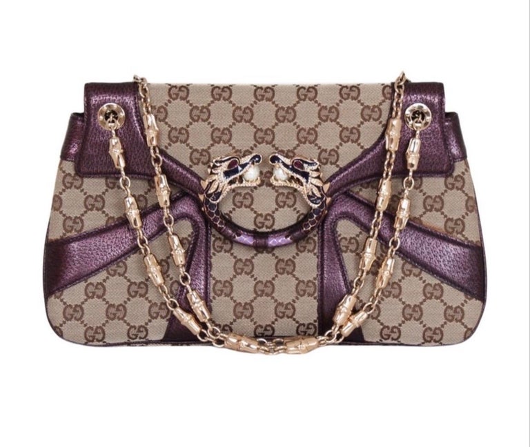 Women's UNWORN Gucci GG Monogram Canvas Jeweled Dragon Bag with Bamboo Chains For Sale