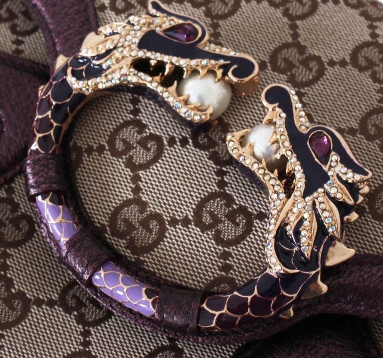 UNWORN Gucci GG Monogram Canvas Jeweled Dragon Bag with Bamboo Chains For Sale 3