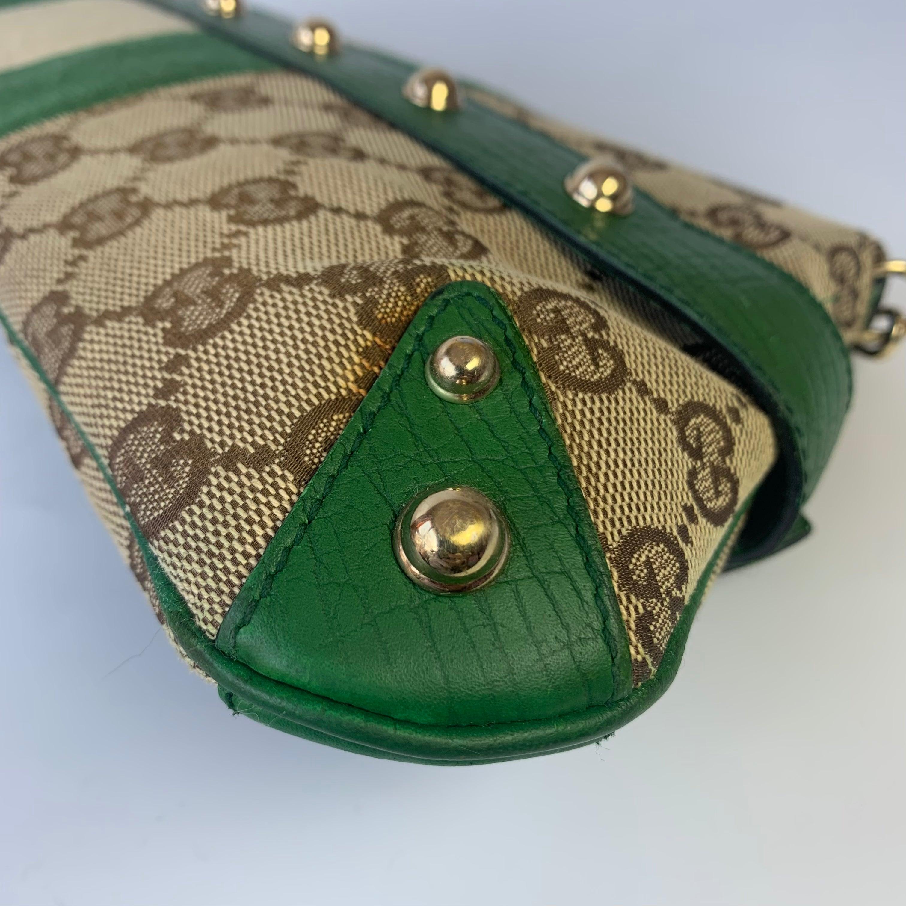 Iconic Gucci Horsebit 1955 Chain Cloth Gucci Monogram Green Leather & Gold Studs 6