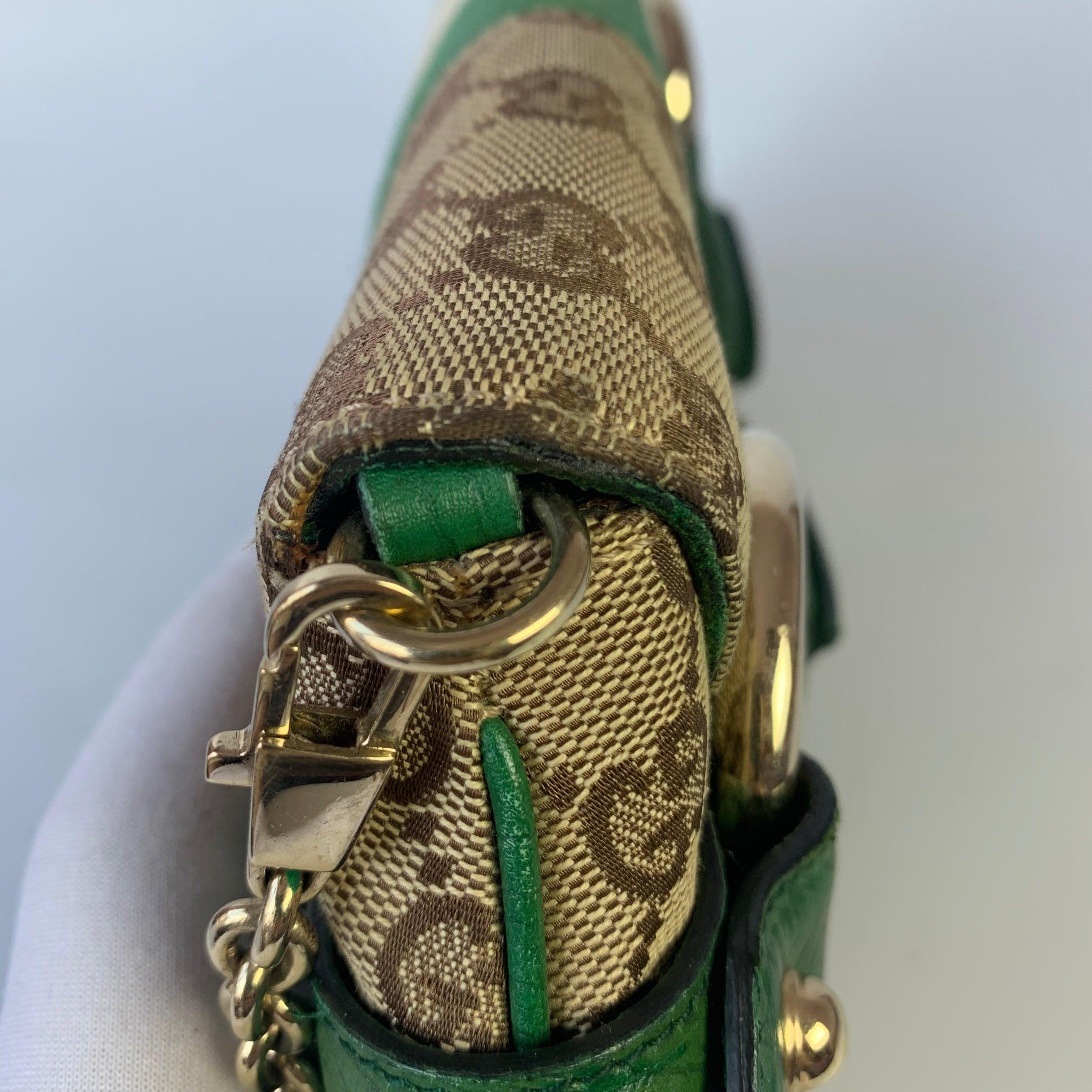Iconic Gucci Horsebit 1955 Chain Cloth Gucci Monogram Green Leather & Gold Studs 7