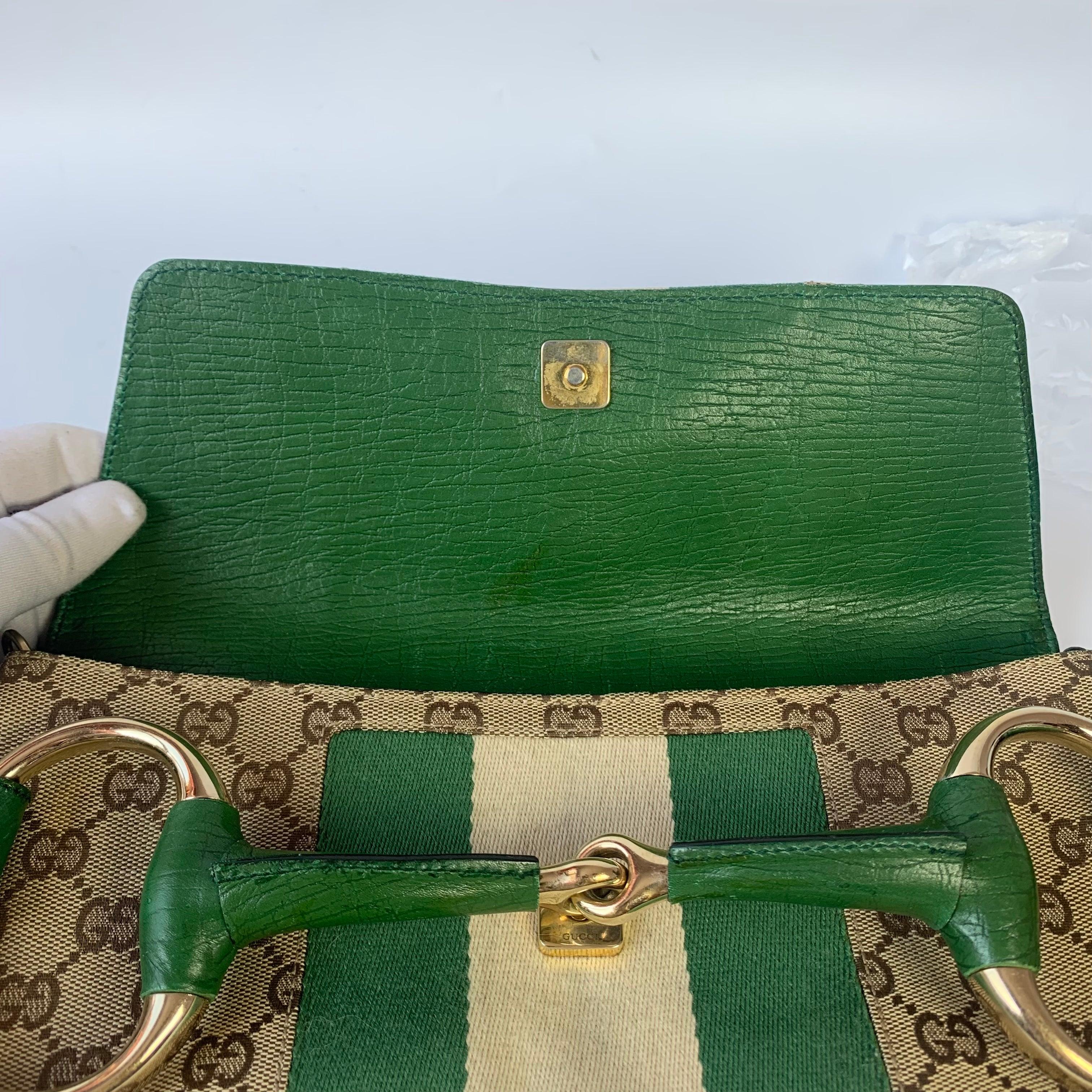 Iconic Gucci Horsebit 1955 Chain Cloth Gucci Monogram Green Leather & Gold Studs 10