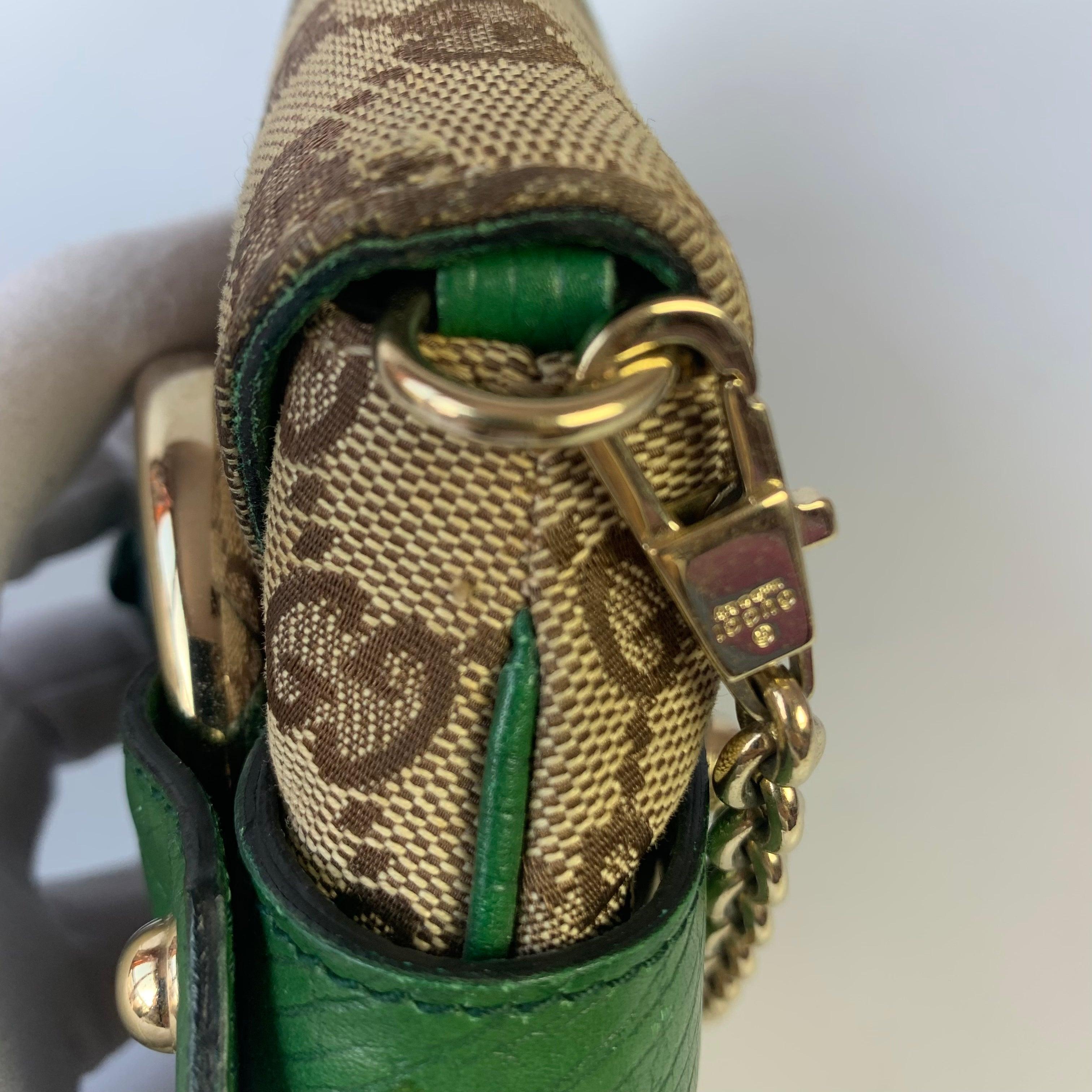 Iconic Gucci Horsebit 1955 Chain Cloth Gucci Monogram Green Leather & Gold Studs 12