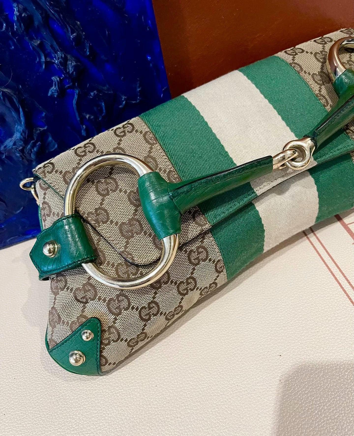 Women's Iconic Gucci Horsebit 1955 Chain Cloth Gucci Monogram Green Leather & Gold Studs