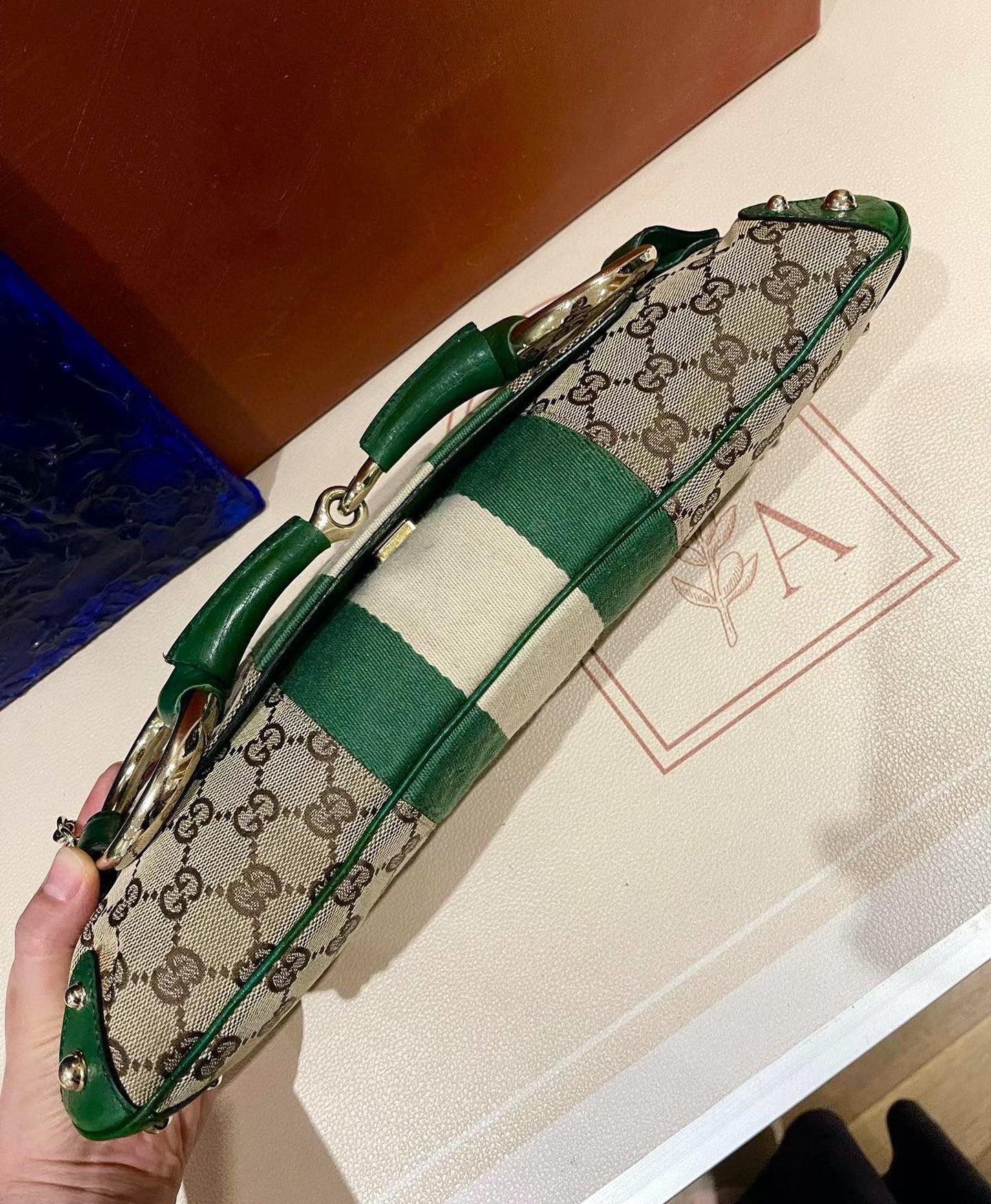 Iconic Gucci Horsebit 1955 Chain Cloth Gucci Monogram Green Leather & Gold Studs 1