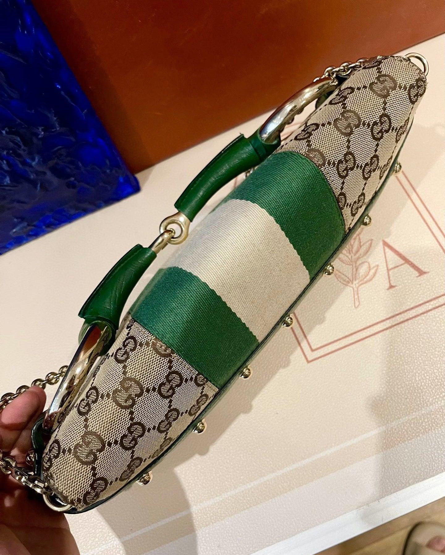 Iconic Gucci Horsebit 1955 Chain Cloth Gucci Monogram Green Leather & Gold Studs 2