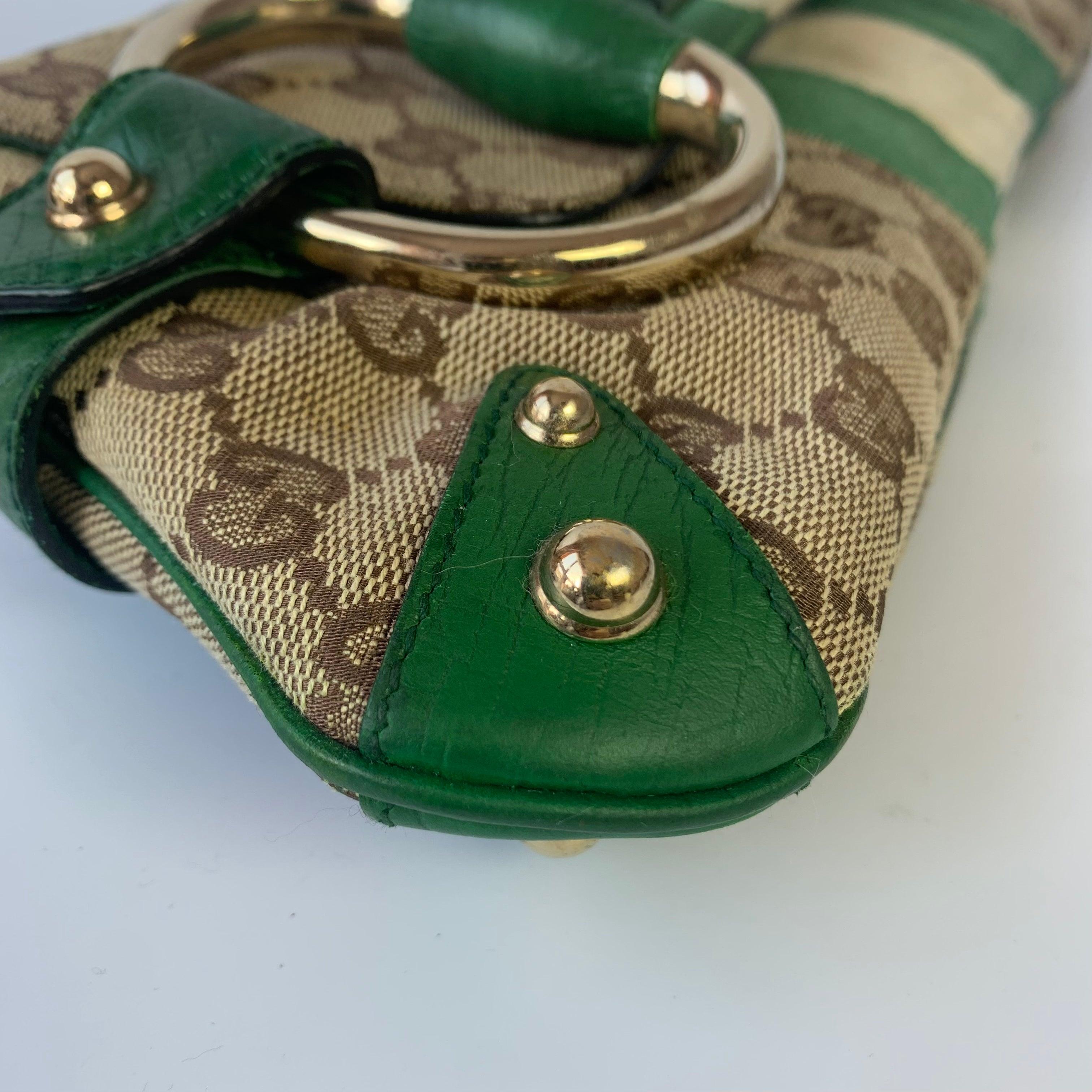 Iconic Gucci Horsebit 1955 Chain Cloth Gucci Monogram Green Leather & Gold Studs 4