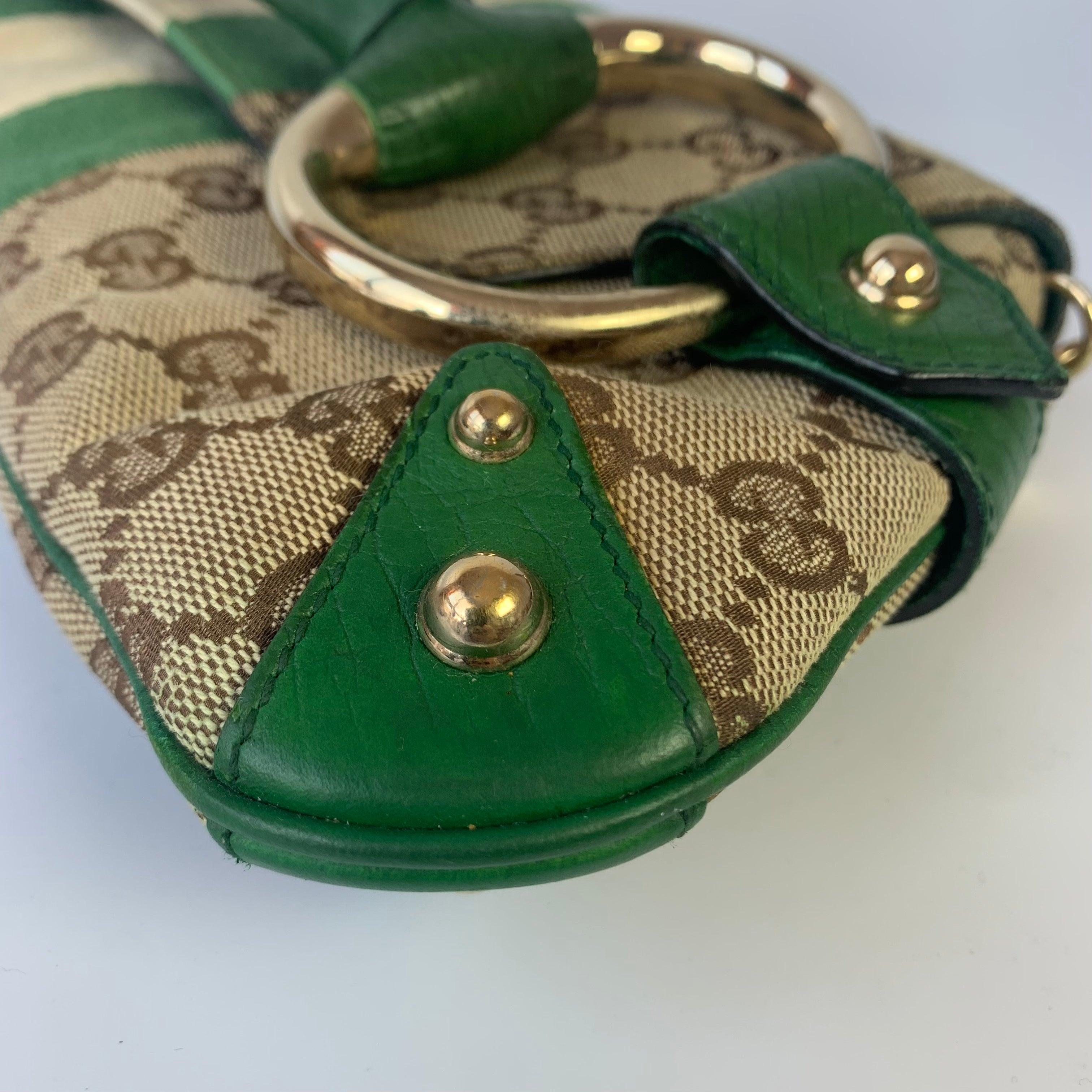 Iconic Gucci Horsebit 1955 Chain Cloth Gucci Monogram Green Leather & Gold Studs 5