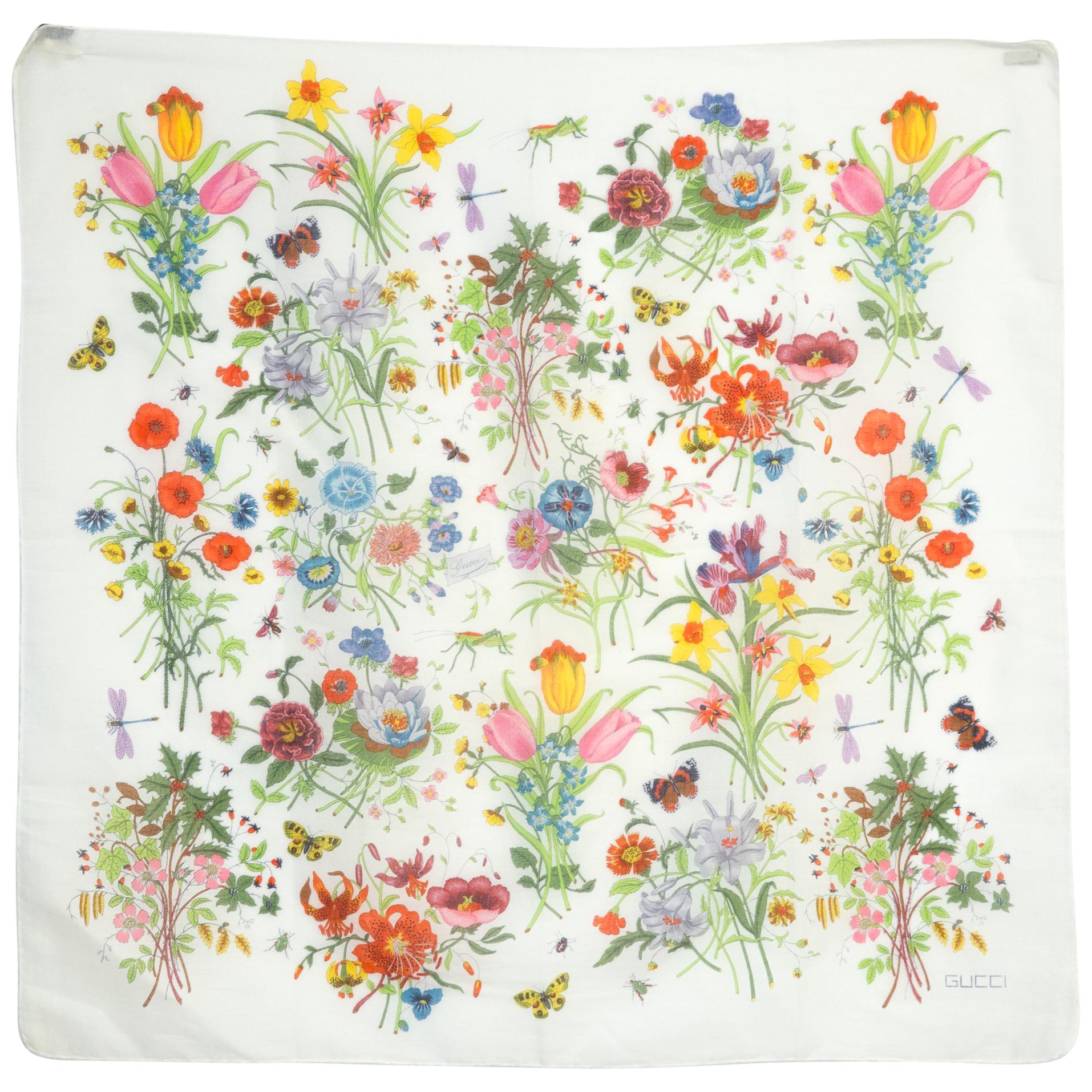 Iconic Gucci Ivory Flora Cotton Scarf 