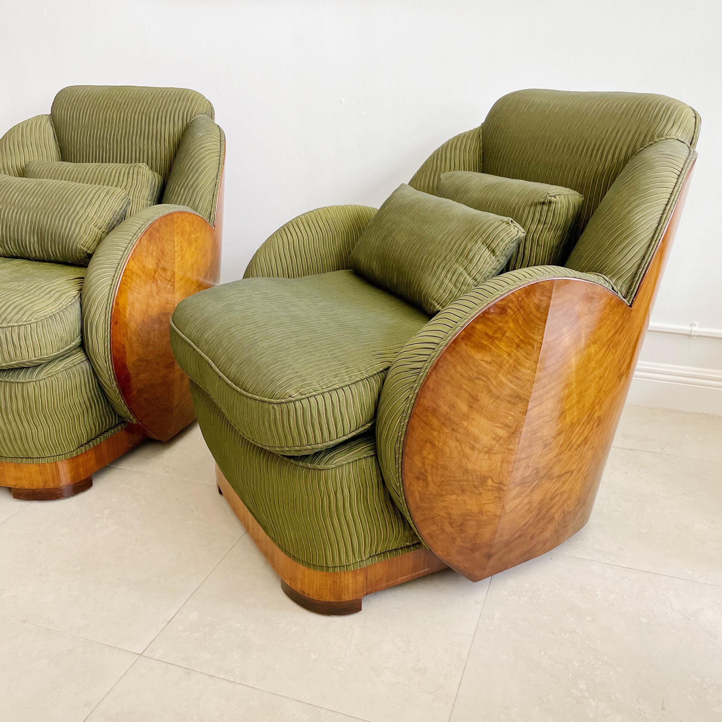 Pair of Art Deco Cloud club chairs. The cloud theme was a feature of Epstein brother’s furniture including lounge suites, salon chairs, dining suites and cocktail cabinets. Highly sought after. The quality of the furniture produced by the Epstein