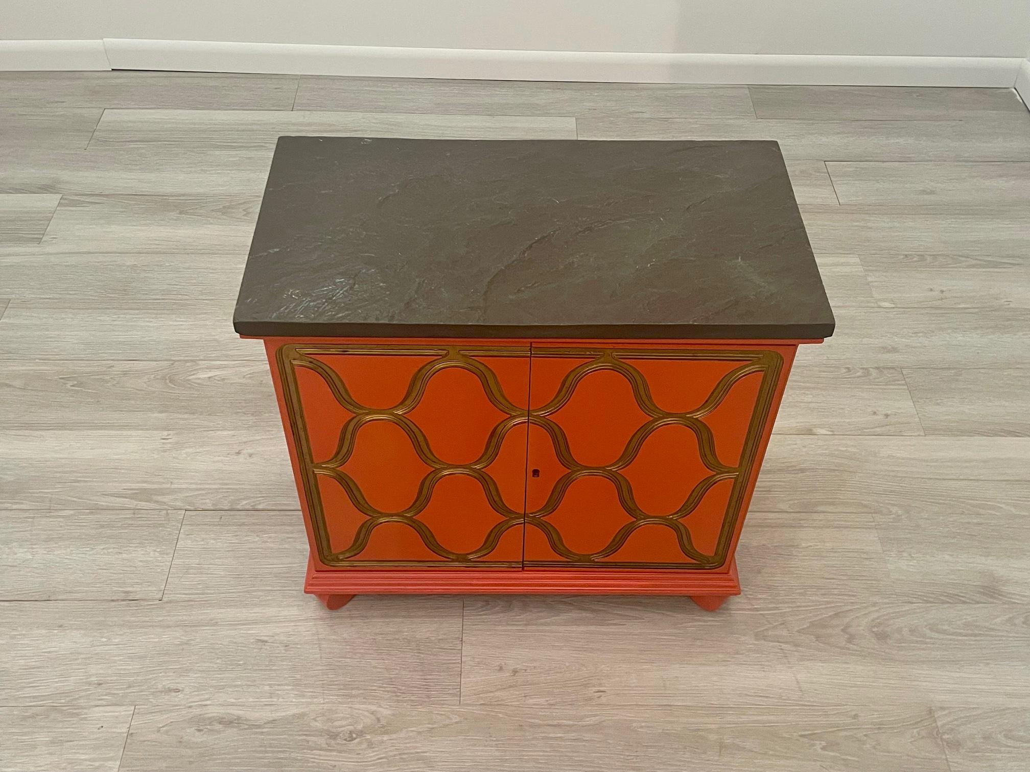 Mid-20th Century Iconic Hermes Orange & Gold Cabinet with Slate Top by Dorothy Draper For Sale