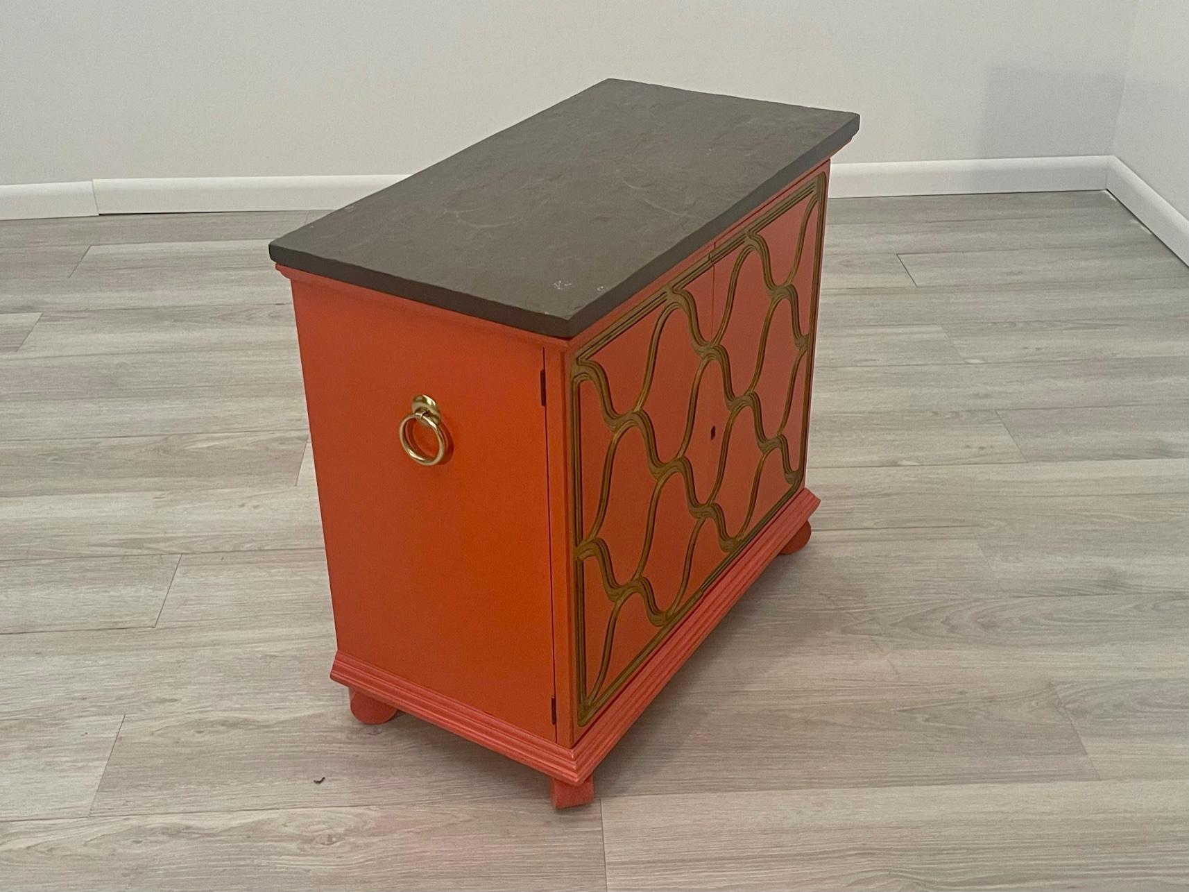 Iconic Hermes Orange & Gold Cabinet with Slate Top by Dorothy Draper For Sale 1