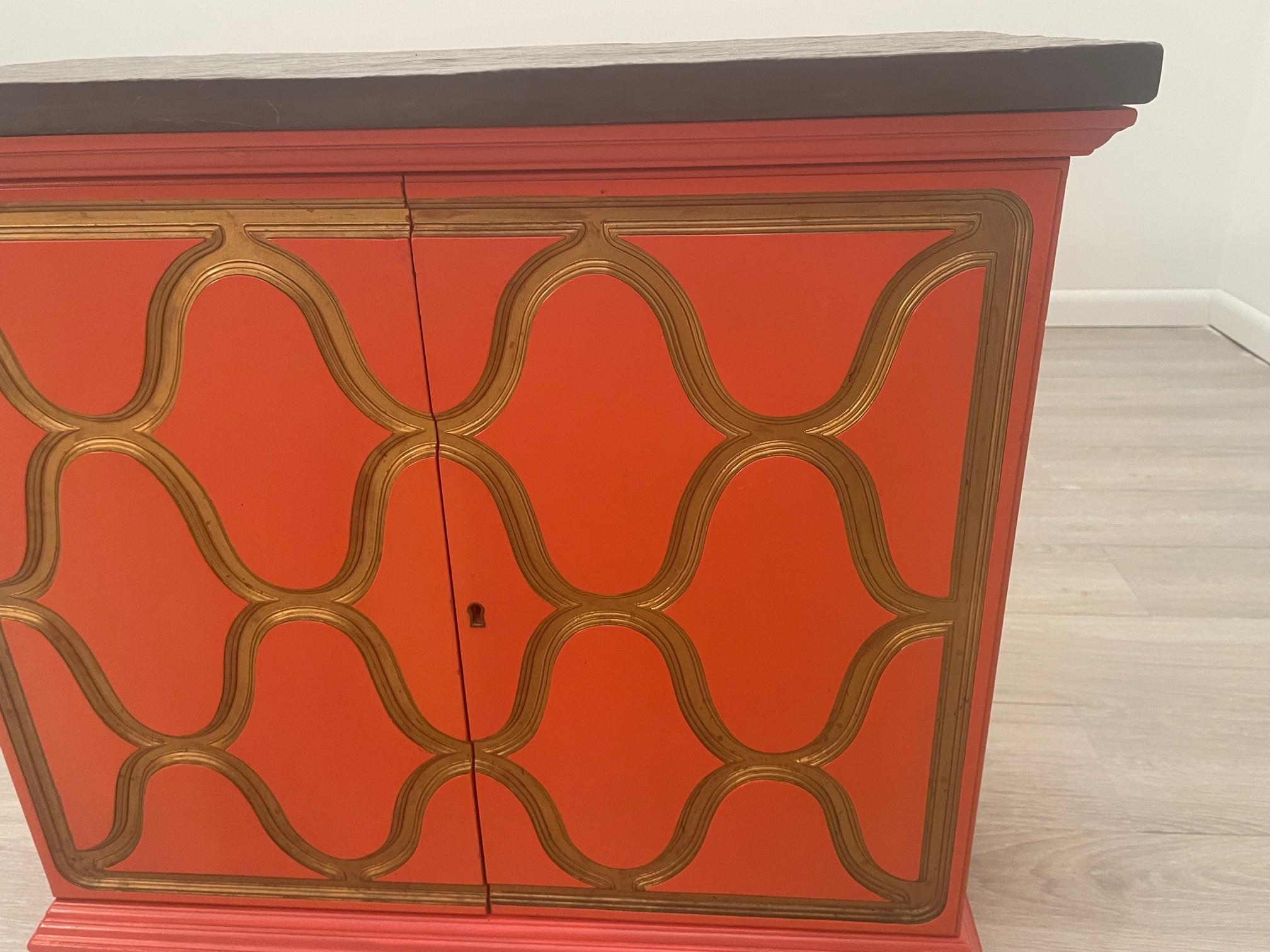 Iconic Hermes Orange & Gold Cabinet with Slate Top by Dorothy Draper For Sale 2