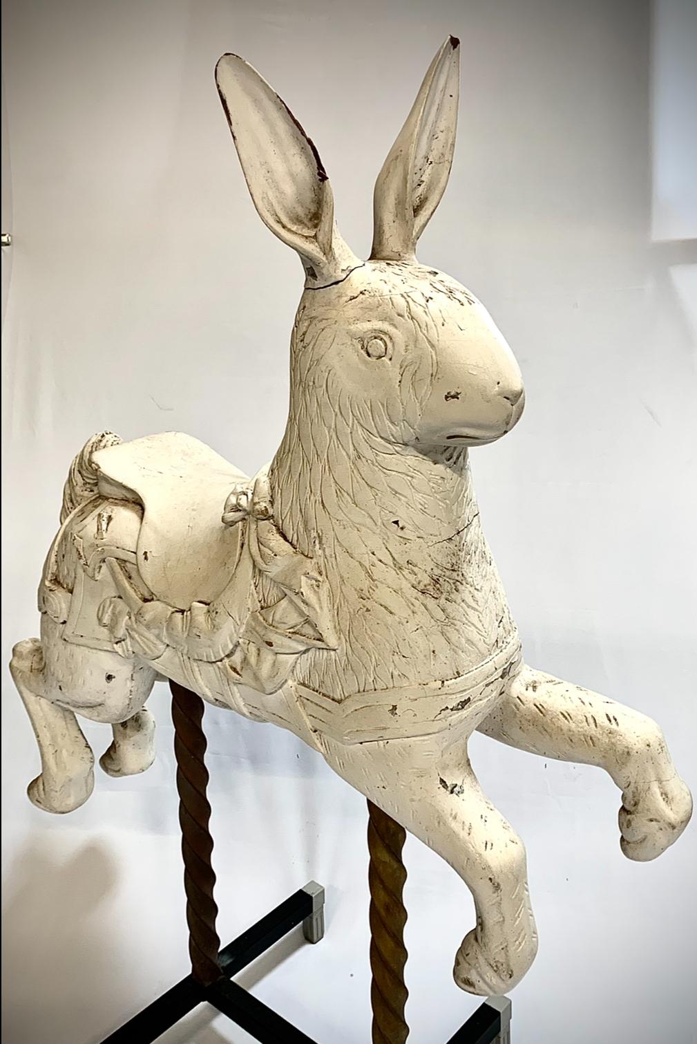 This adorable little rabbit, in the style of Denzil, with a crescent moon carved below the saddle, needs very little restoration- ears need slight attention.
The Denzil Company, besides being the first carousel maker in America, was one of the