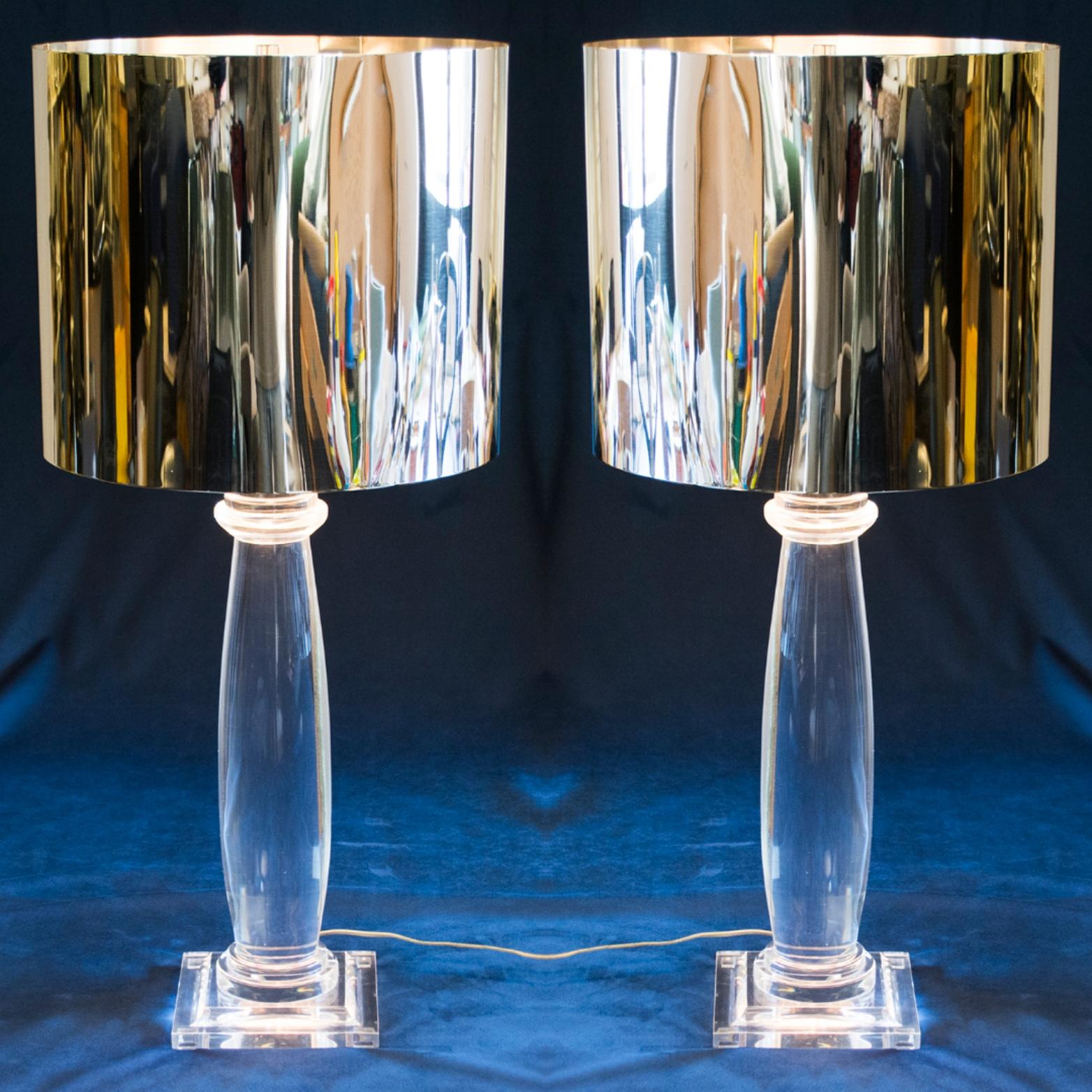 Late 20th Century Iconic Karl Springer Attrib, Clear Lucite and Chrome Pair of Lamps