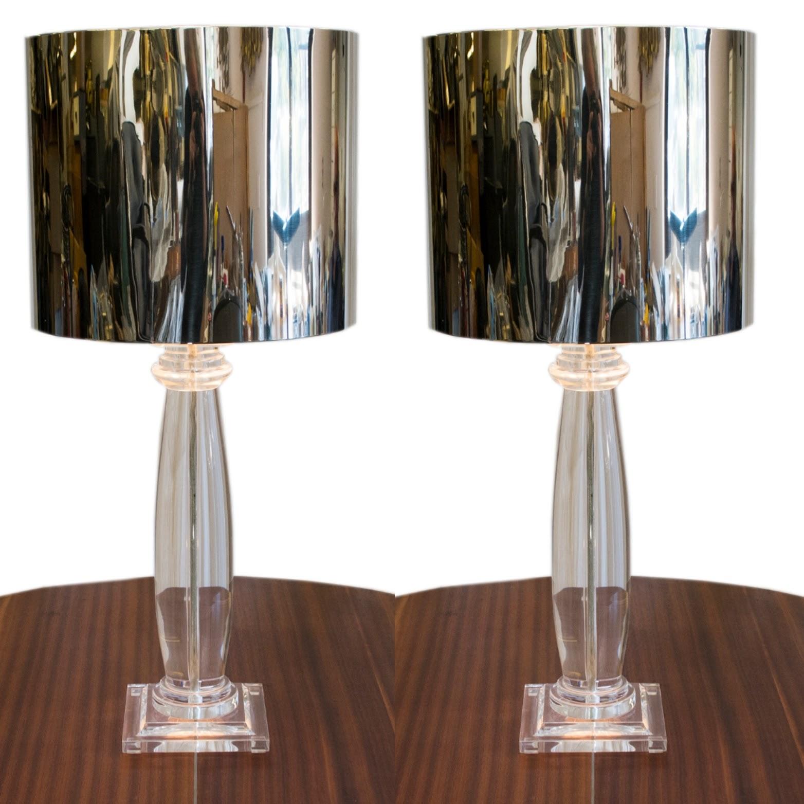 Iconic Karl Springer Attrib, Clear Lucite and Chrome Pair of Lamps 1