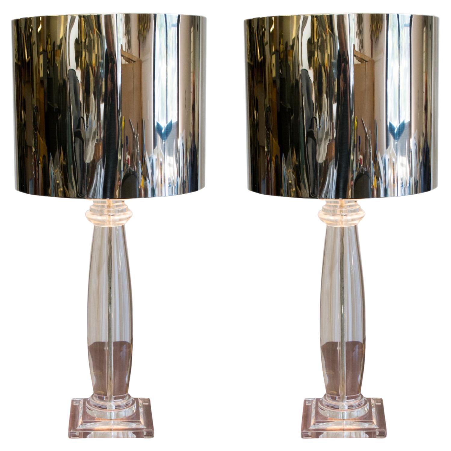 Iconic Karl Springer Attrib, Clear Lucite and Chrome Pair of Lamps