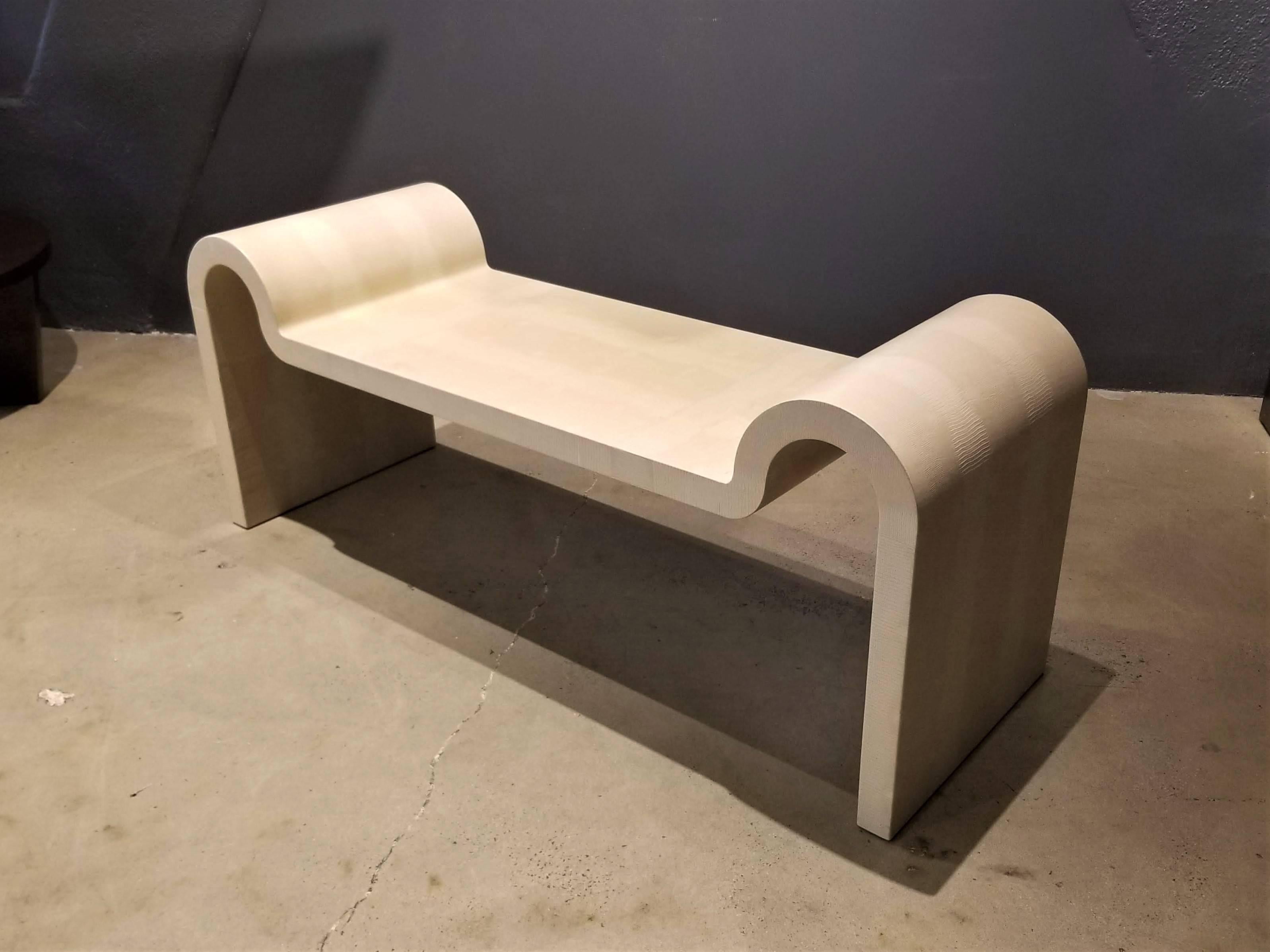 Iconic Karl Springer Sculptural Curved Bench Wrapped in Lizard, Signed 1989 3