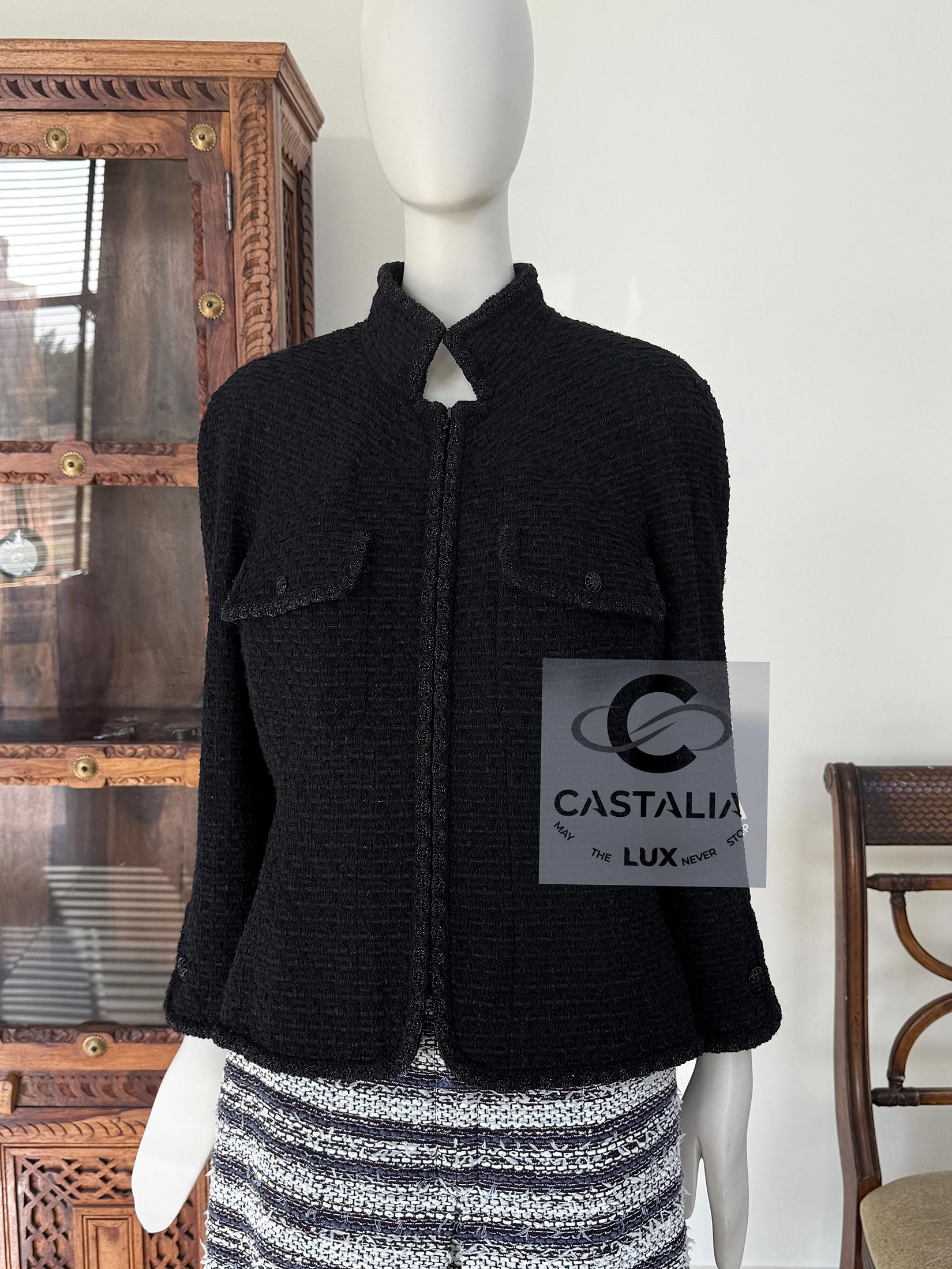 Recognizable Chanel black tweed jacket ~ as seen on Kate Moss!
Highly coveted and rare piece
Size mark 44 FR / Condition is pristine
- made of black woven Lesage tweed with subtle shimmering
- CC logo buttons at pockets and cuffs
- signature braided