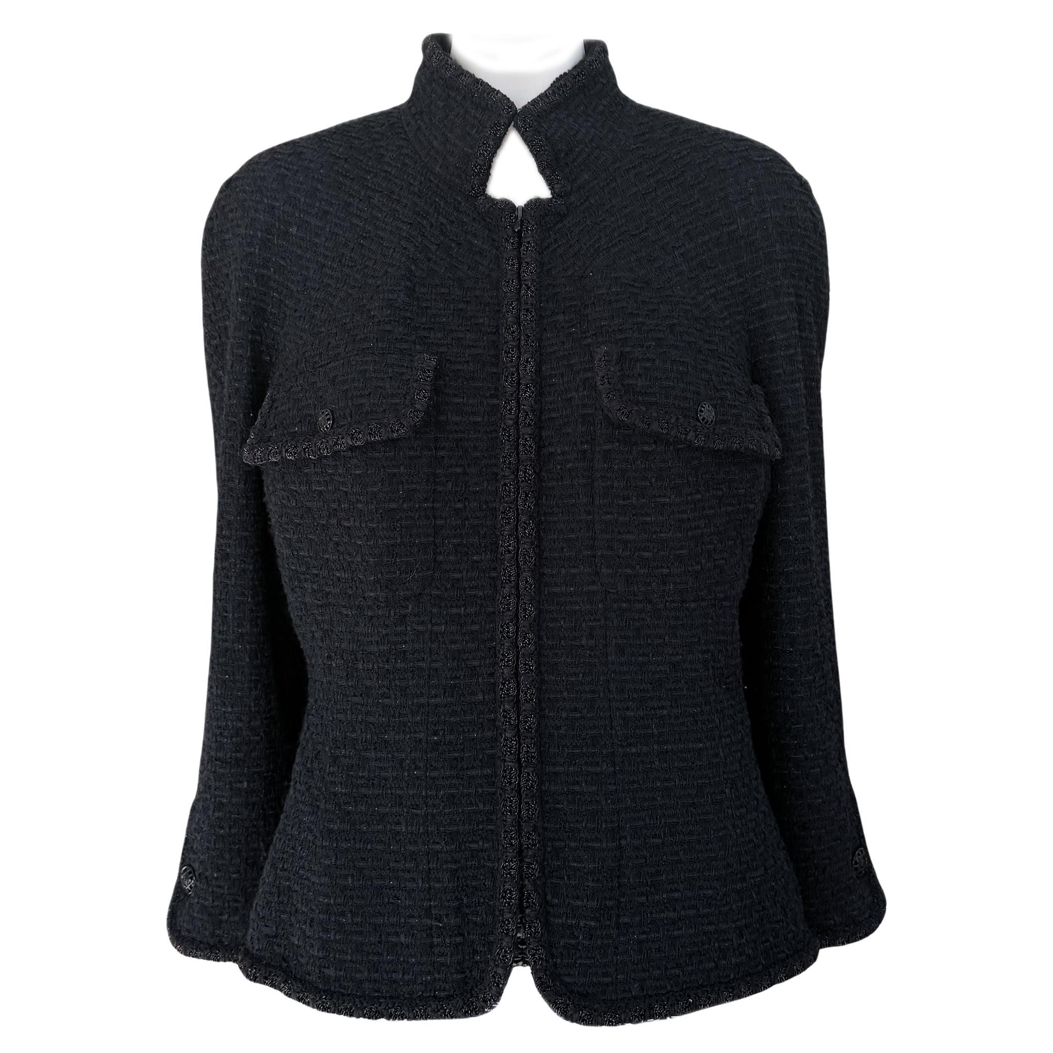 Iconic Kate Moss Style Black Tweed Jacket 44 FR For Sale