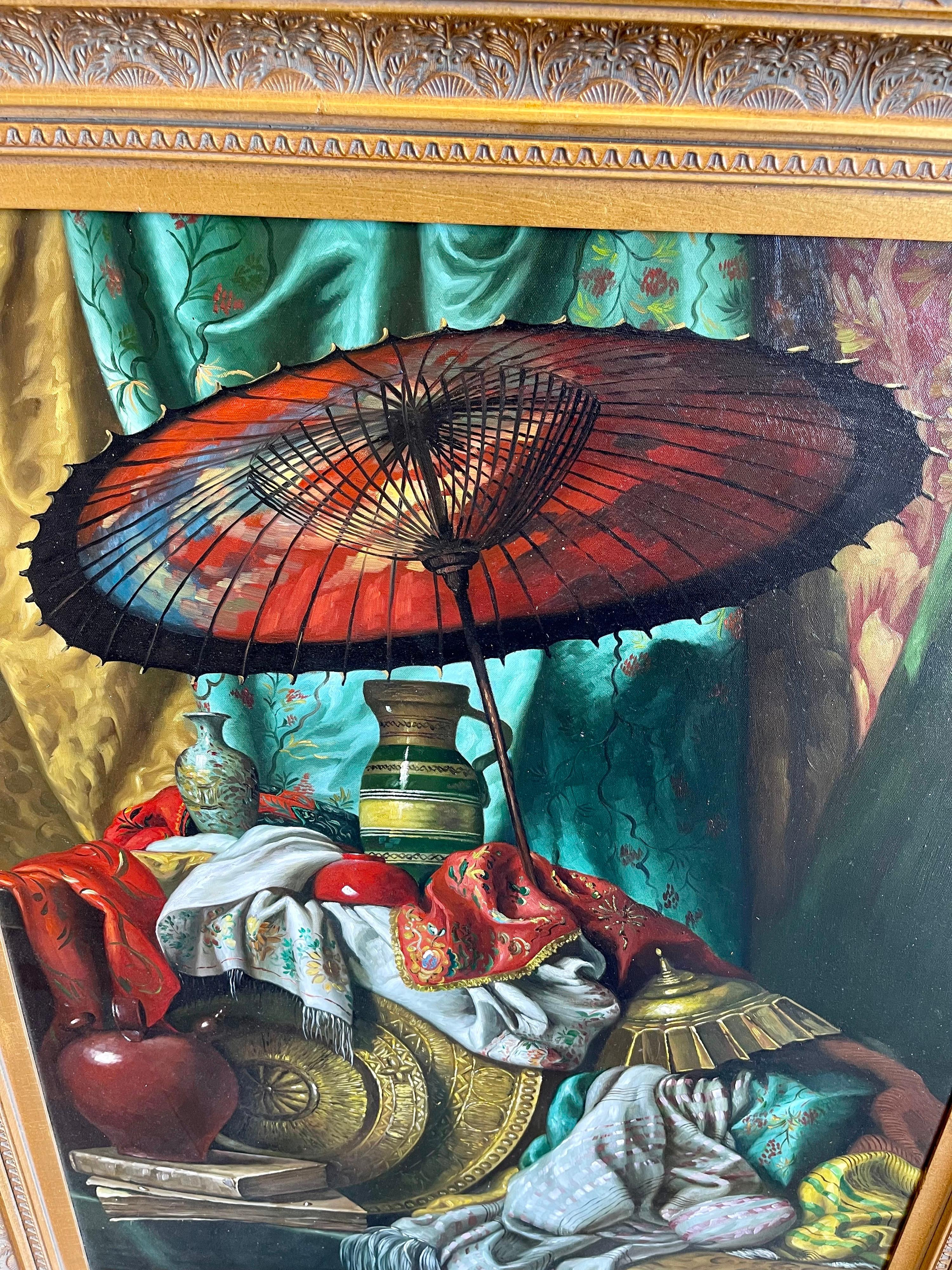 Iconic Large Original Signed Still Life Oil Painting with a Chinese Parasol In Good Condition In West Hartford, CT