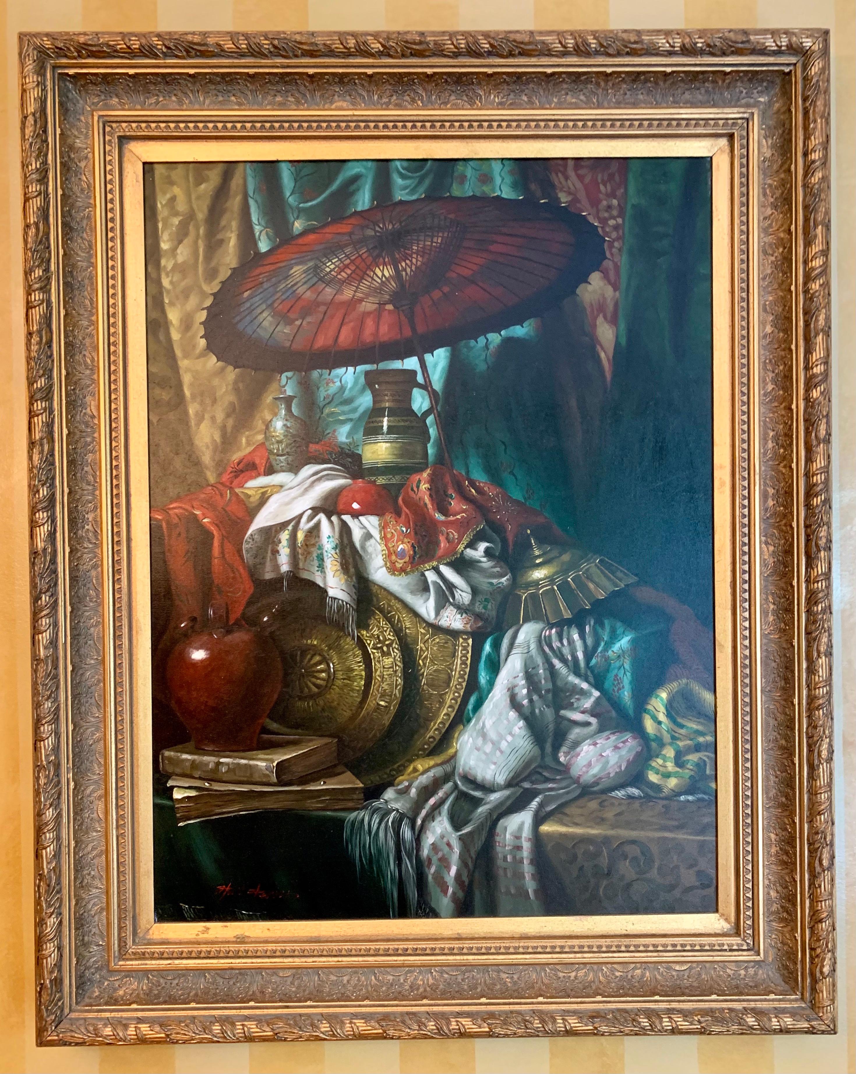 20th Century Iconic Large Original Signed Still Life Oil Painting with a Chinese Parasol