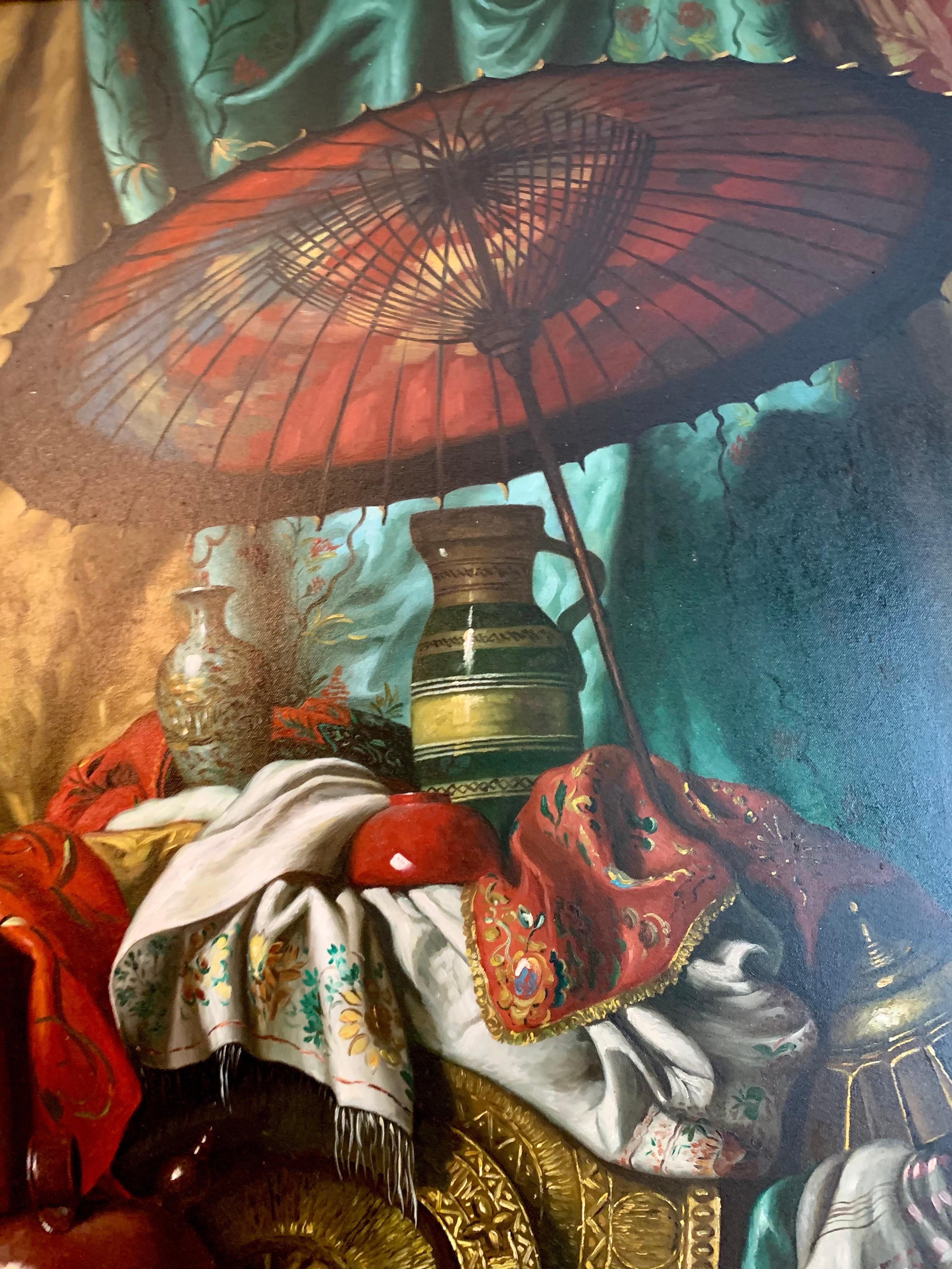 Canvas Iconic Large Original Signed Still Life Oil Painting with a Chinese Parasol