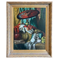 Vintage Iconic Large Original Signed Still Life Oil Painting with a Chinese Parasol