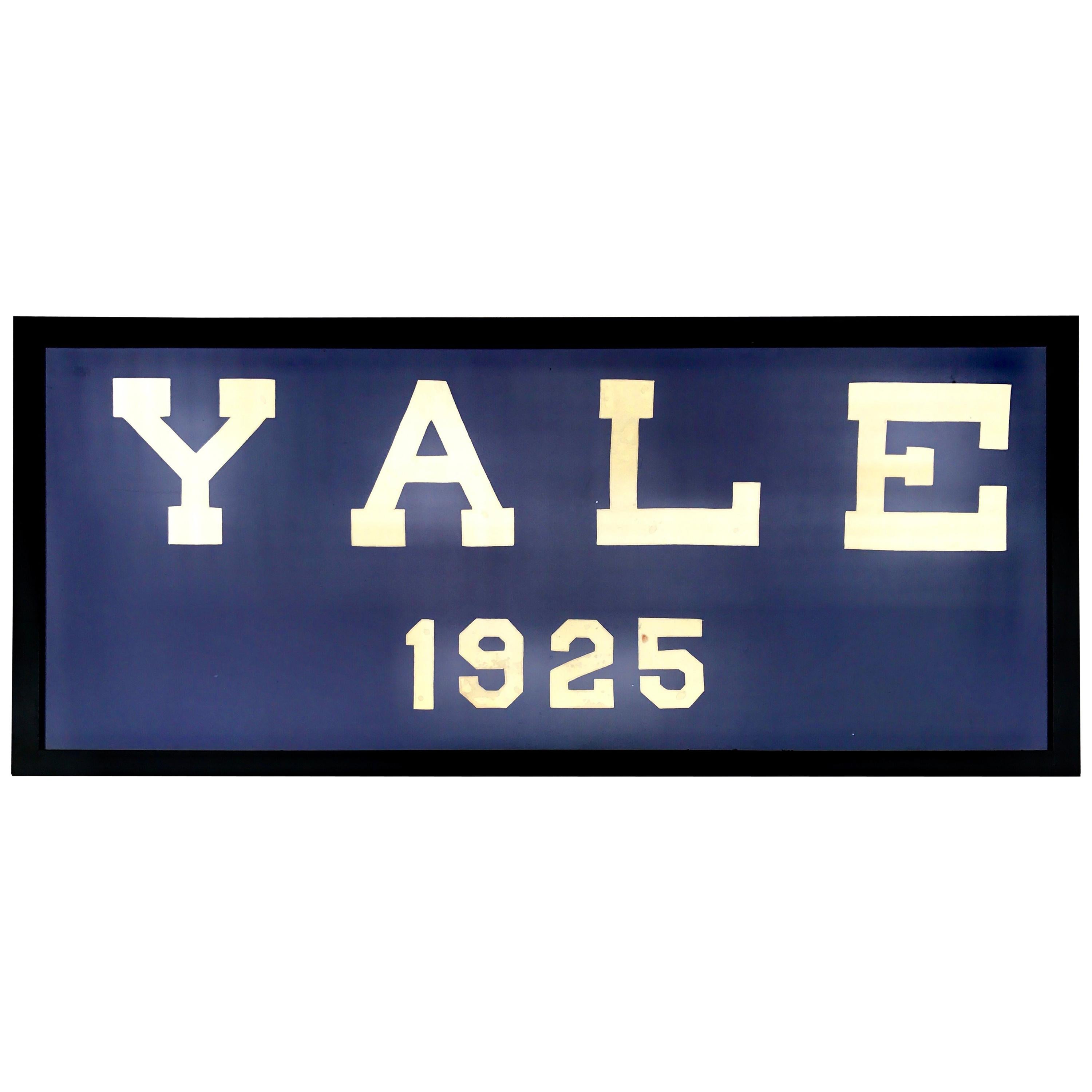 Iconic Large Yale University 1925 Pennant Framed Blue and White Banner