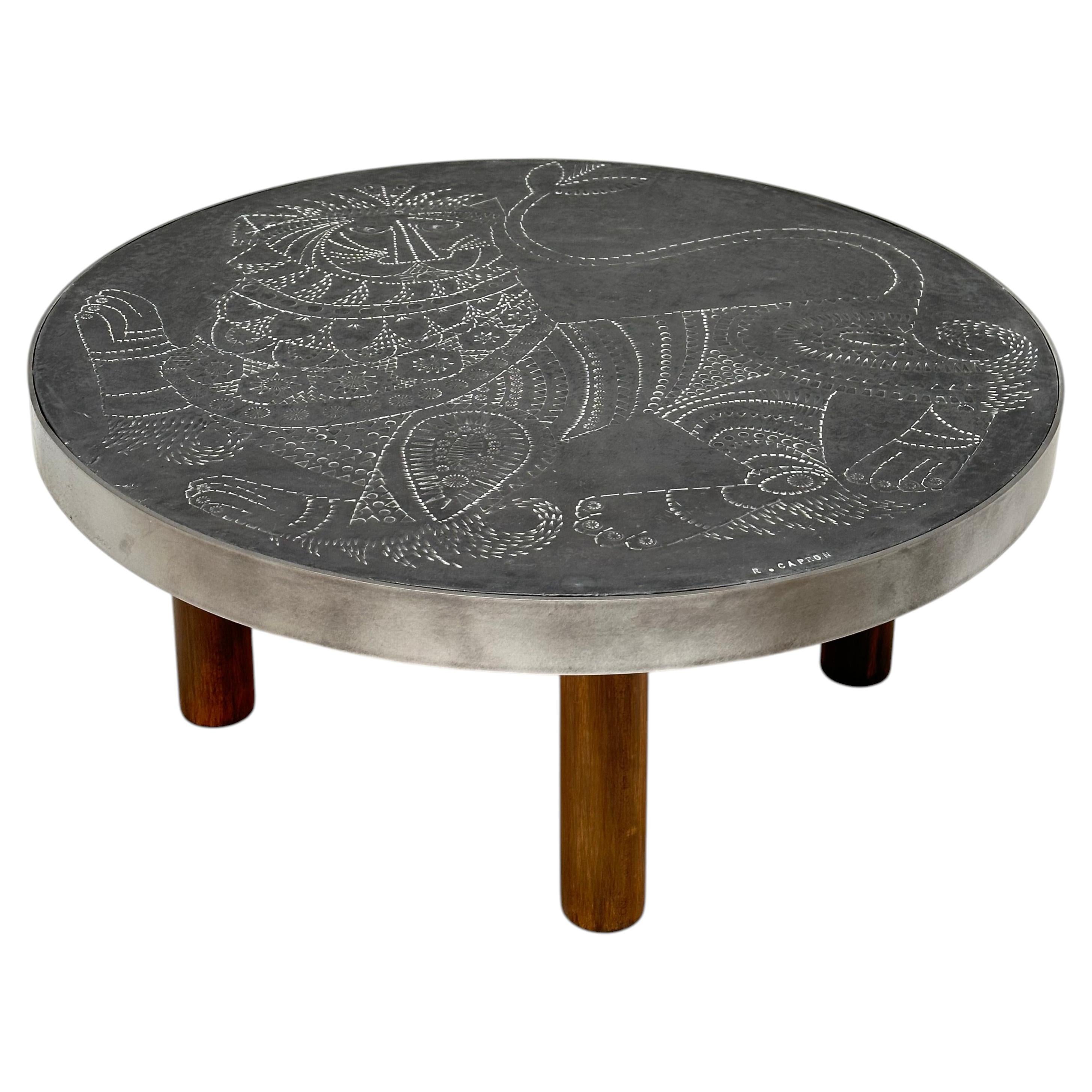 Iconic Lion Table, Stamped Metal Top, Roger Capron, Vallauris 1969