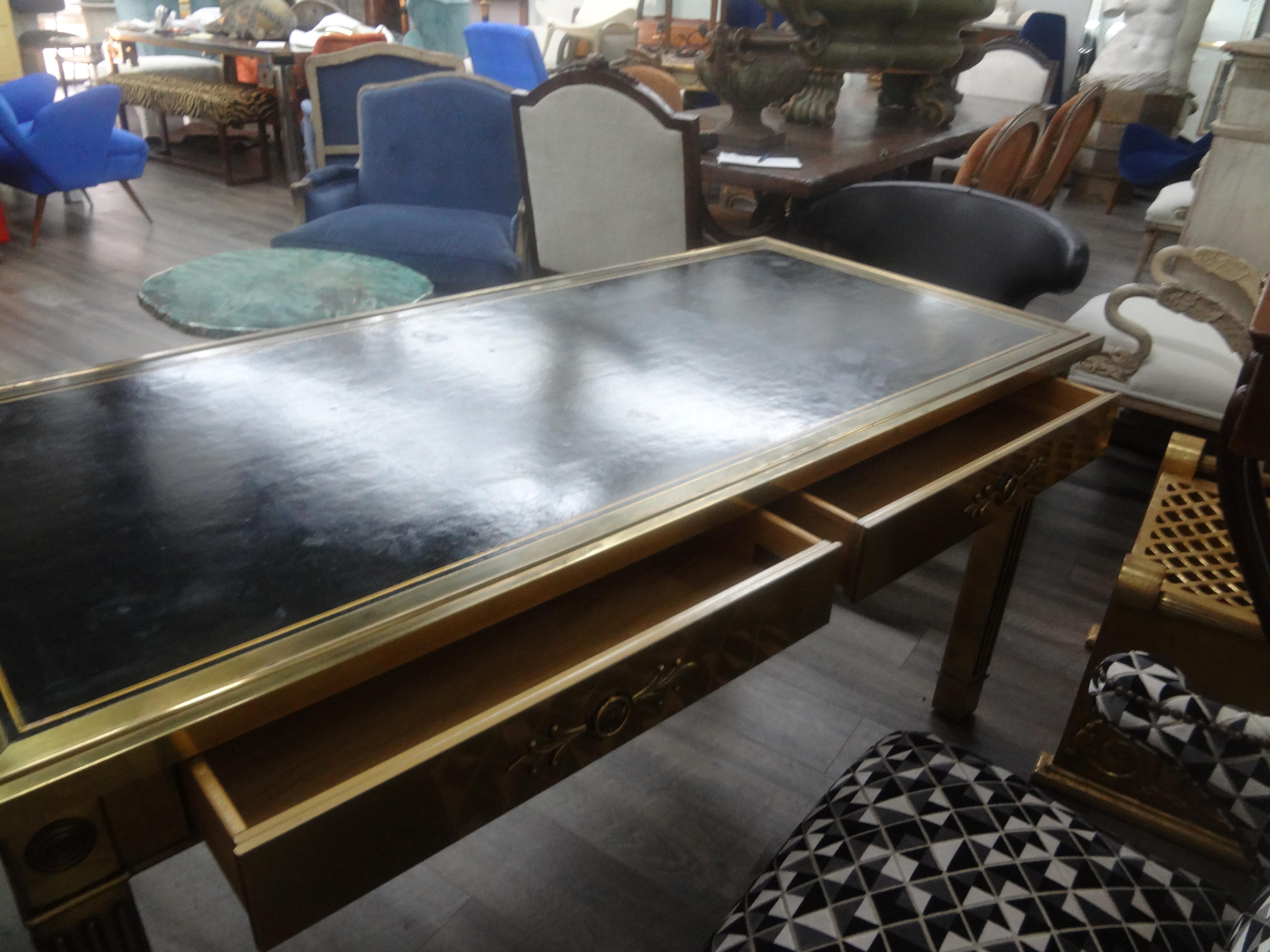 Late 20th Century Iconic Mastercraft Brass Desk With Leather Top For Sale