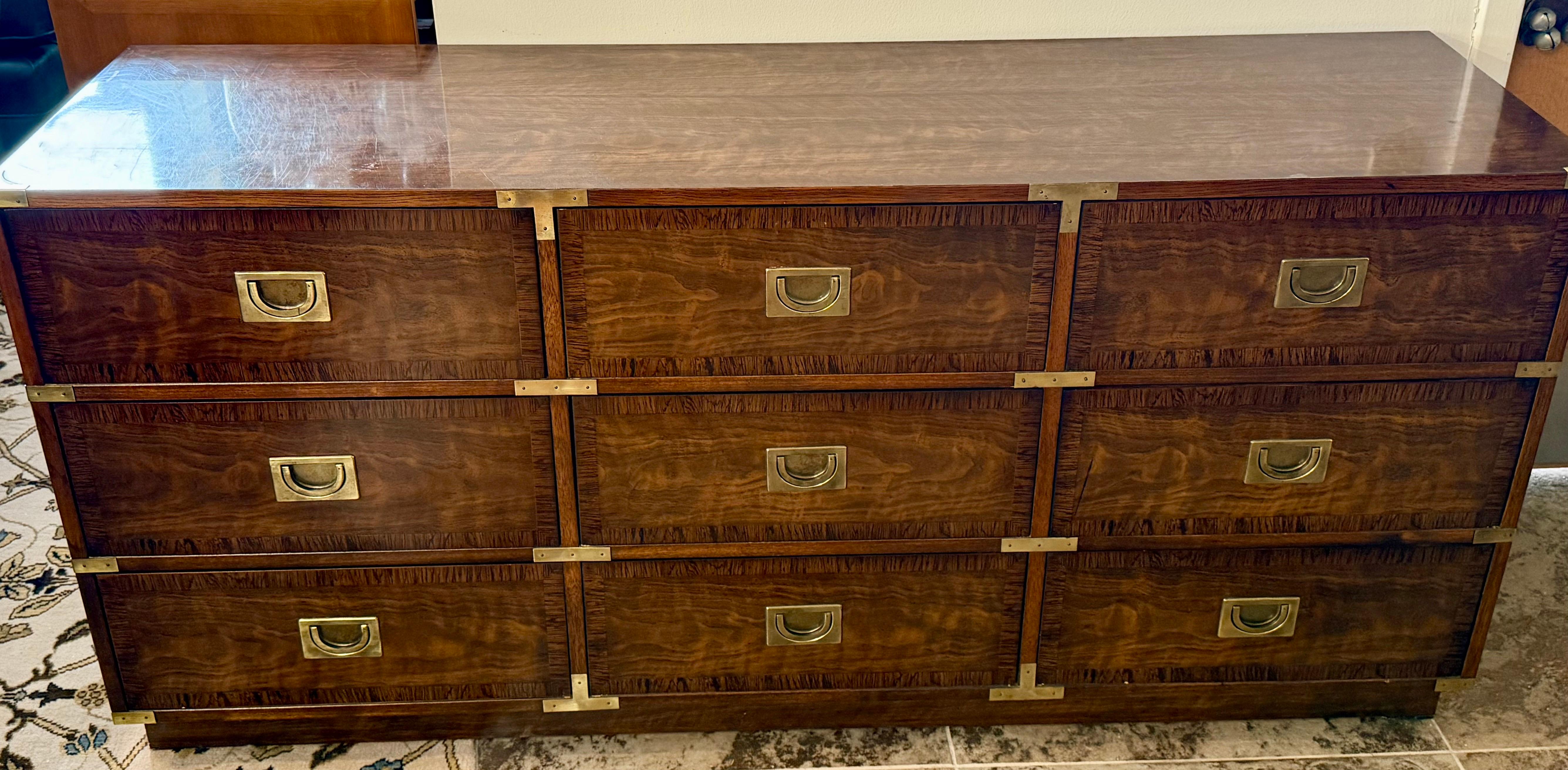Iconic Mid Century Drexel Campaign Nine Drawer Dresser From Rare Brigade Line In Good Condition In West Hartford, CT