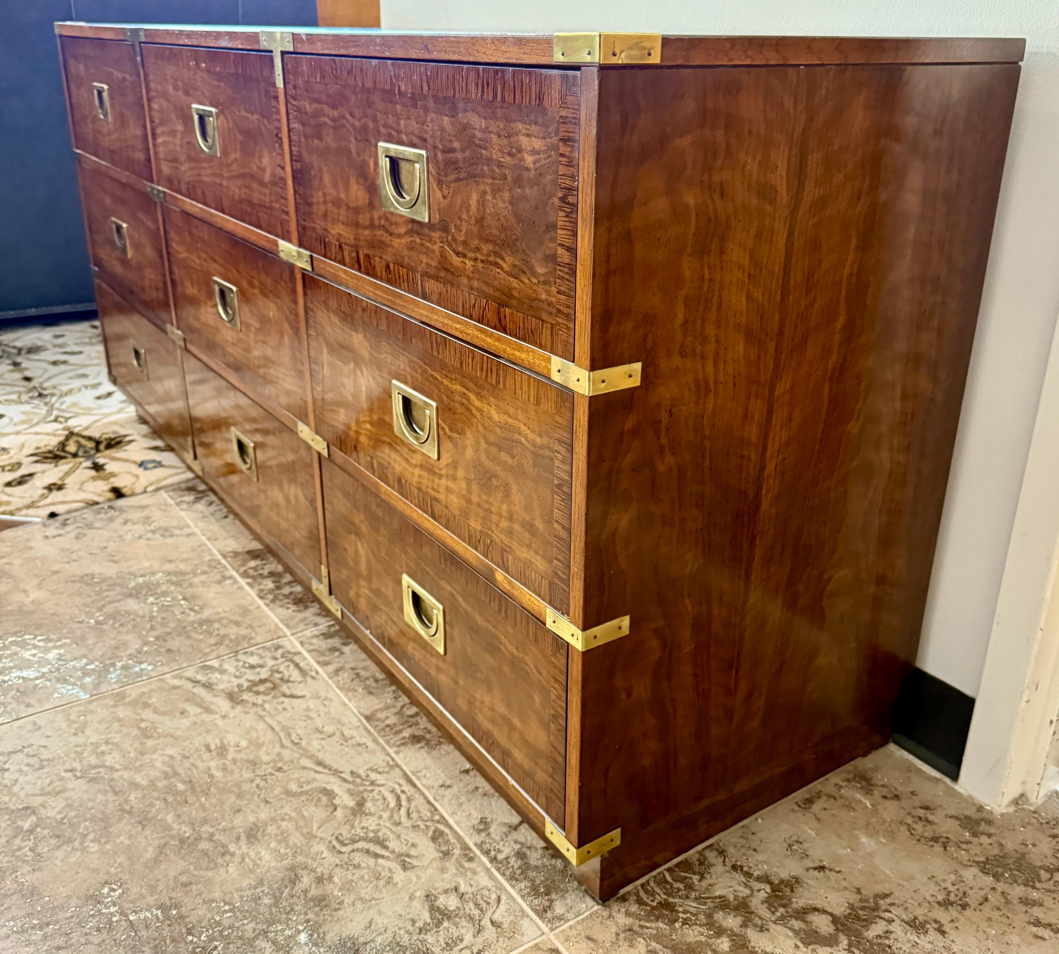Late 20th Century Iconic Mid Century Drexel Campaign Nine Drawer Dresser From Rare Brigade Line