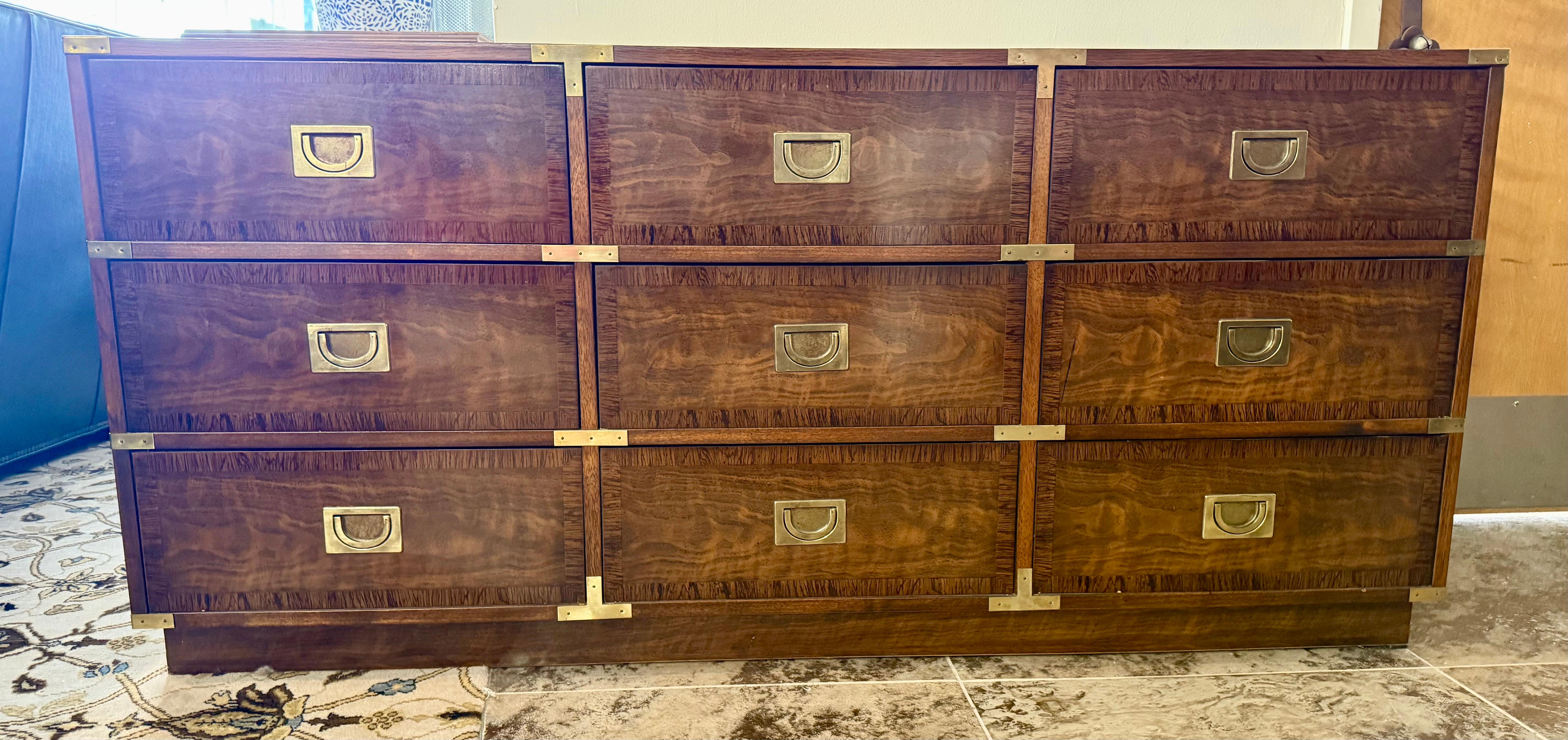 Brass Iconic Mid Century Drexel Campaign Nine Drawer Dresser From Rare Brigade Line