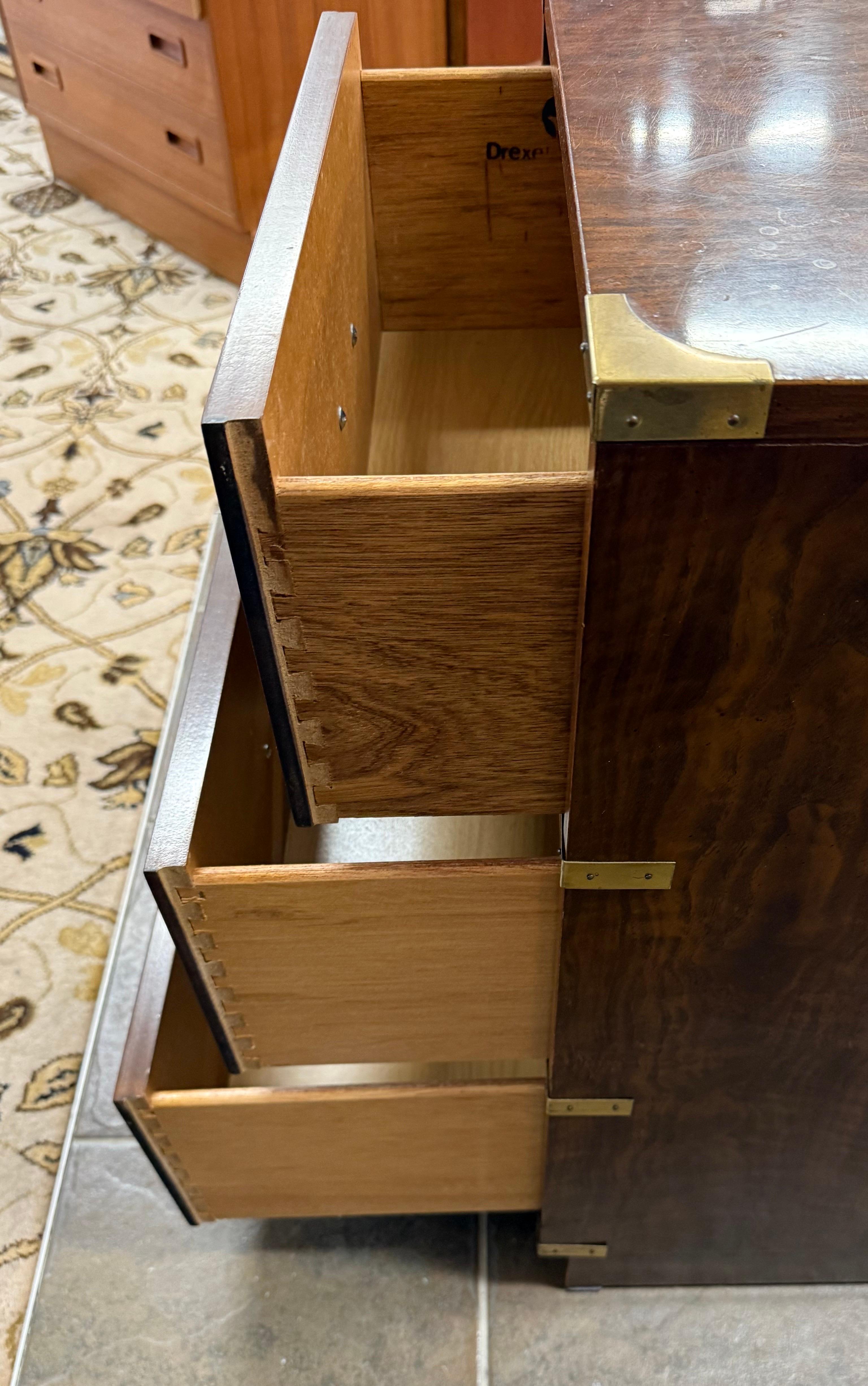 Late 20th Century Iconic Mid Century Drexel Rare Brigade Line Campaign Dresser Dry Bar Case Piece For Sale