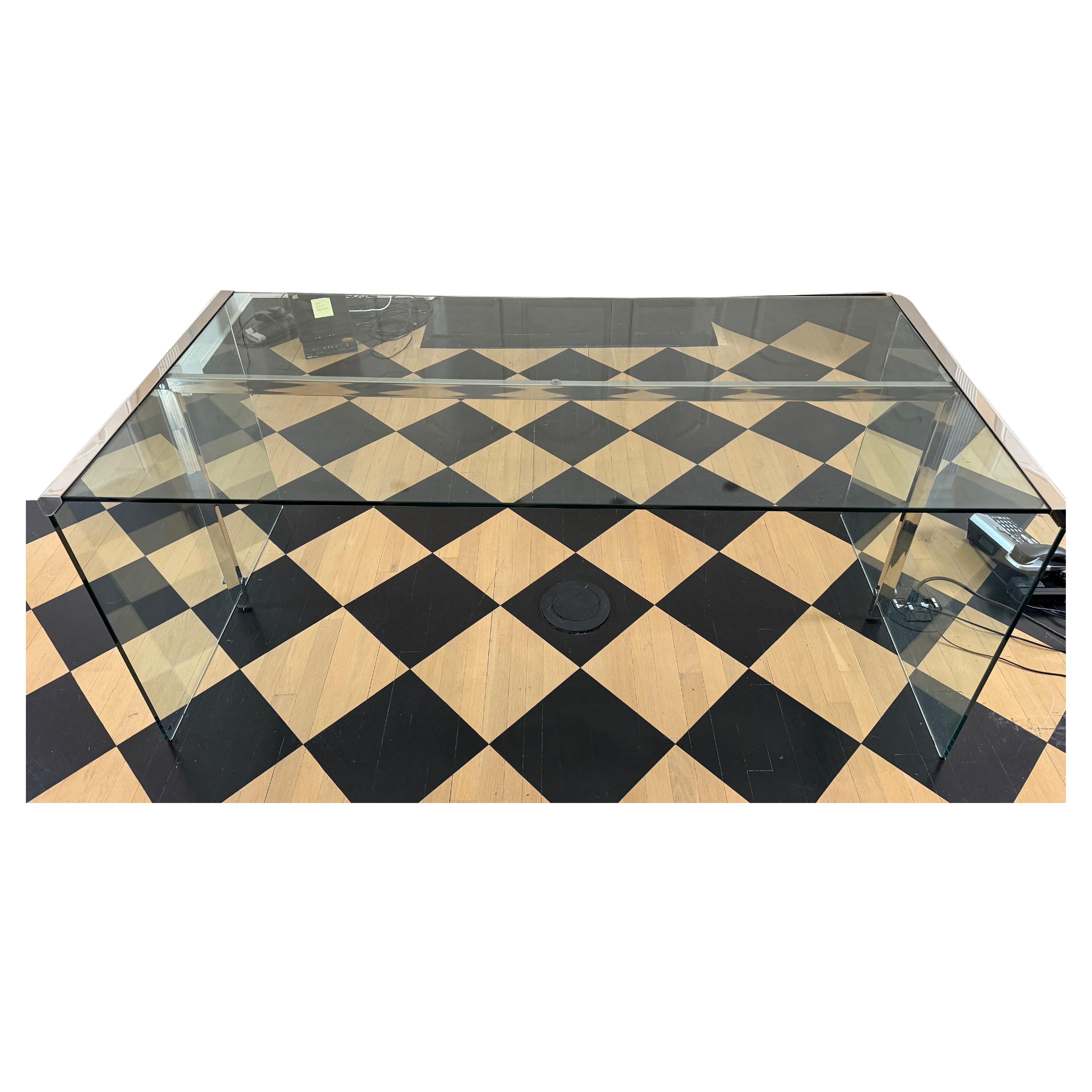 Iconic mid century curved waterfall glass and chrome desk/writing table by Gallotti & Radice.  Desk with transparent, extra-light 