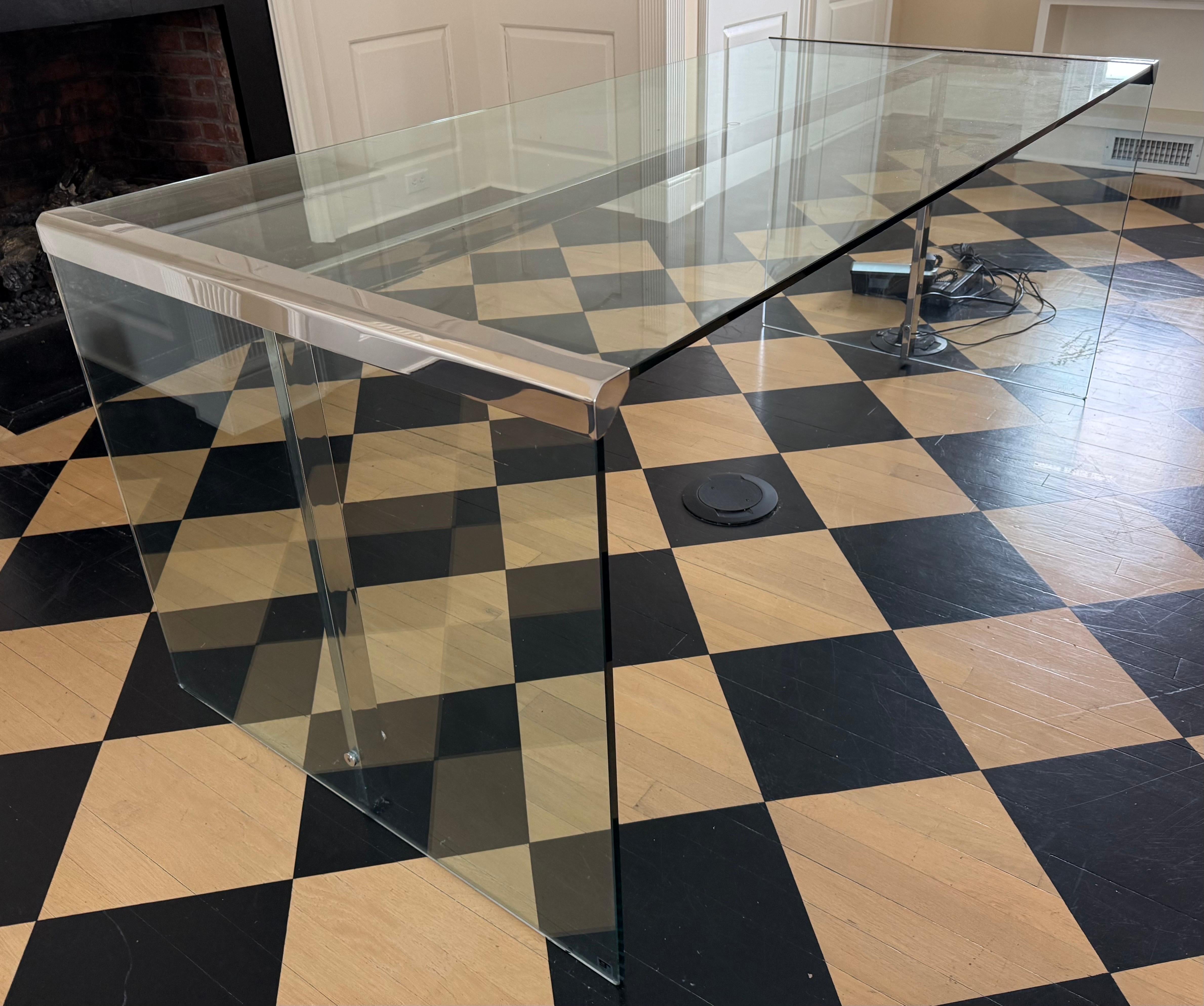 Iconic Mid Century Gallotti & Radice Glass & Chrome Waterfall Desk Writing Table In Good Condition In West Hartford, CT
