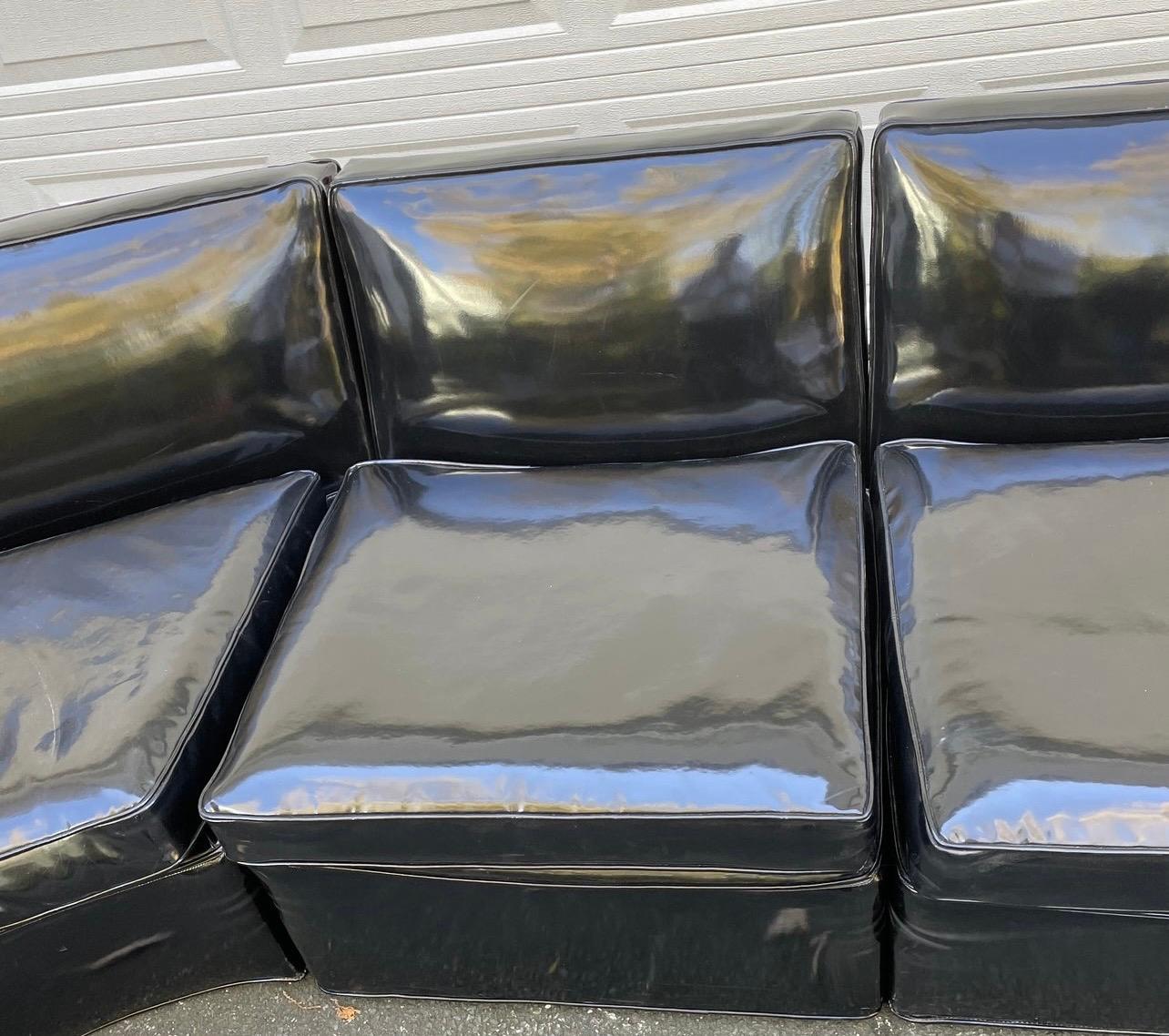 American Iconic Mid-Century Modern 1970s Serpentine Black Patent Leather Sectional Sofa