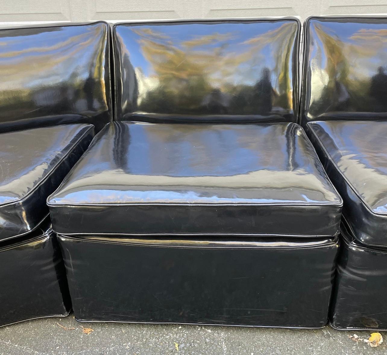 Iconic Mid-Century Modern 1970s Serpentine Black Patent Leather Sectional Sofa In Good Condition In West Hartford, CT